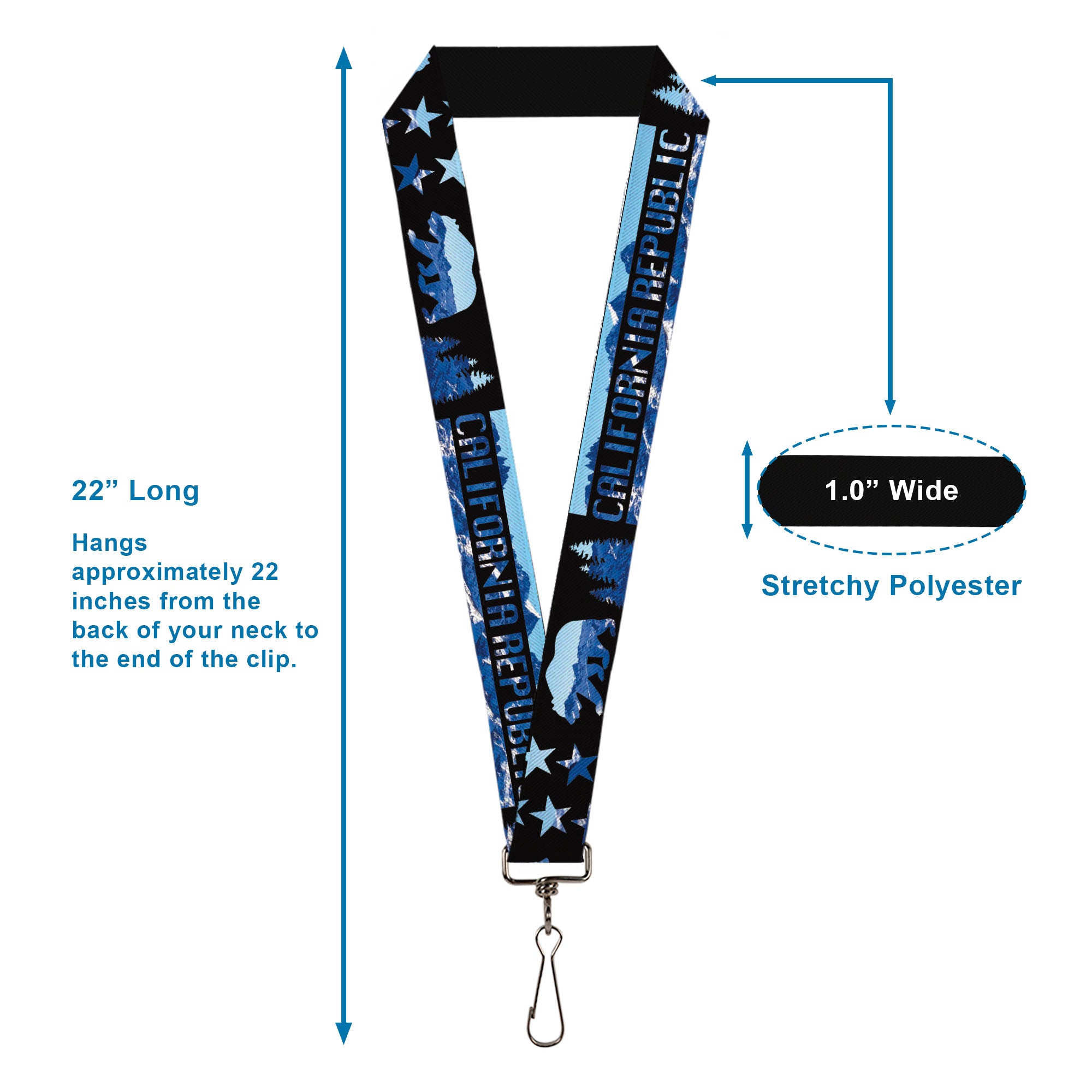 Lanyard - 1.0" - CALIFORNIA REPUBLIC Bear Stars Silhouette Black Scenic Mountains Lanyards Buckle-Down