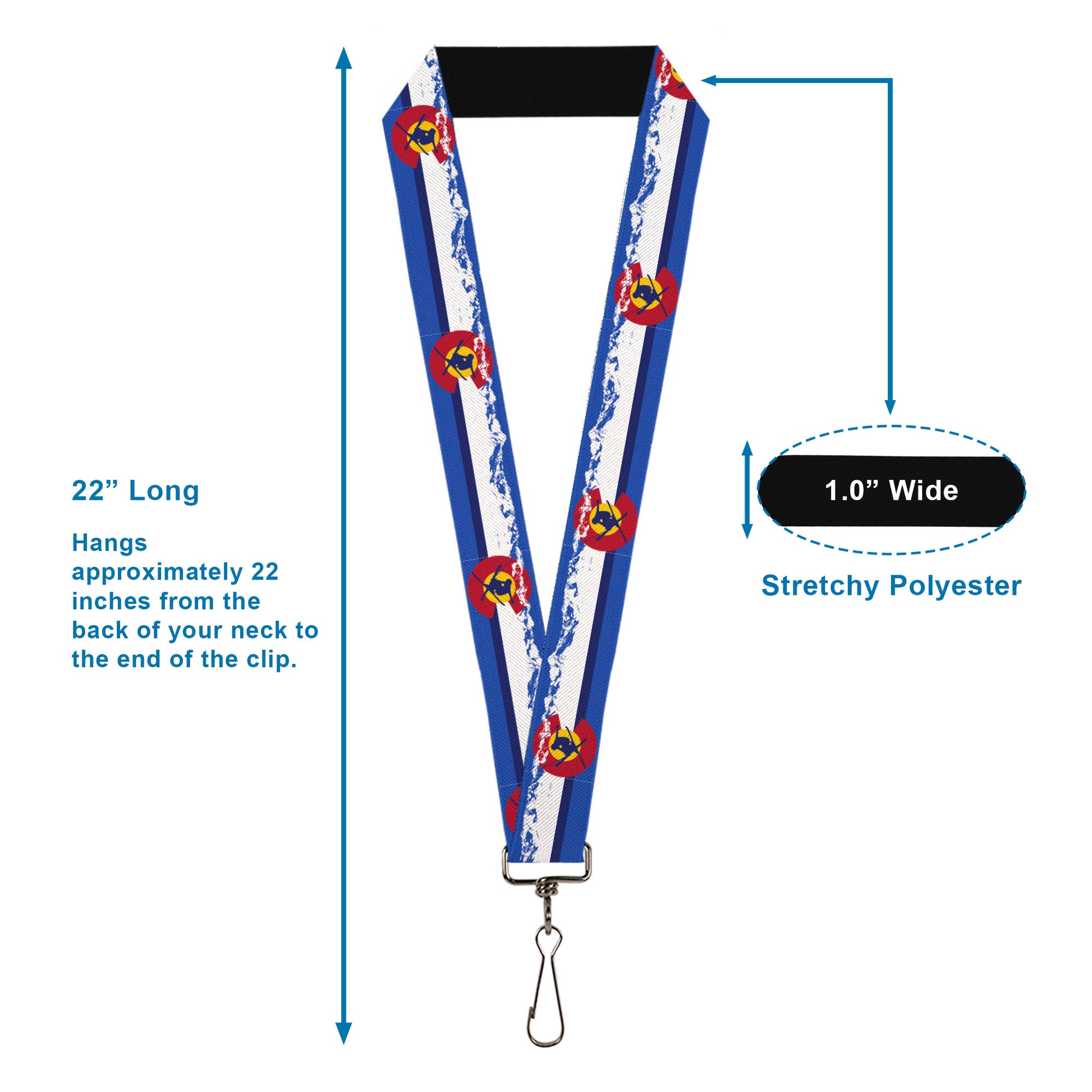 Lanyard - 1.0" - Colorado Skier4 Mountains Blues White Red Yellow Lanyards Buckle-Down
