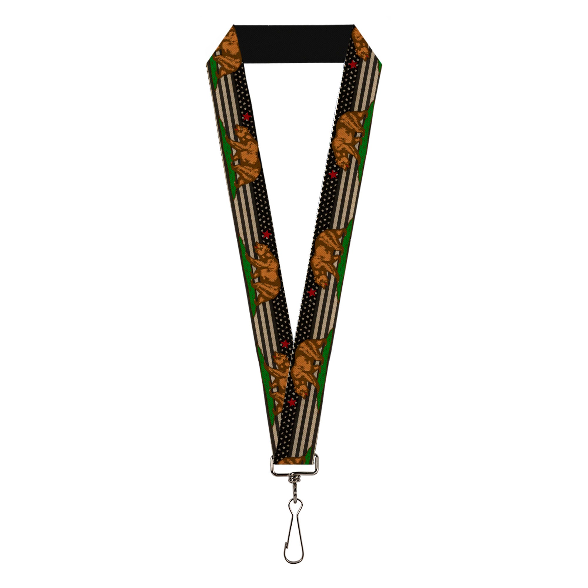 Lanyard - 1.0" - Cali Bear Star US Flag Stretch Black White Red Lanyards Buckle-Down