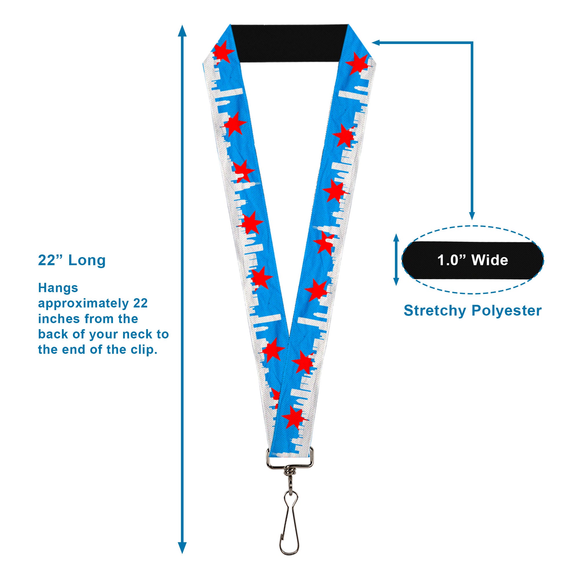 Lanyard - 1.0" - Chicago Skyline Flag Distressed Black White Red Lanyards Buckle-Down