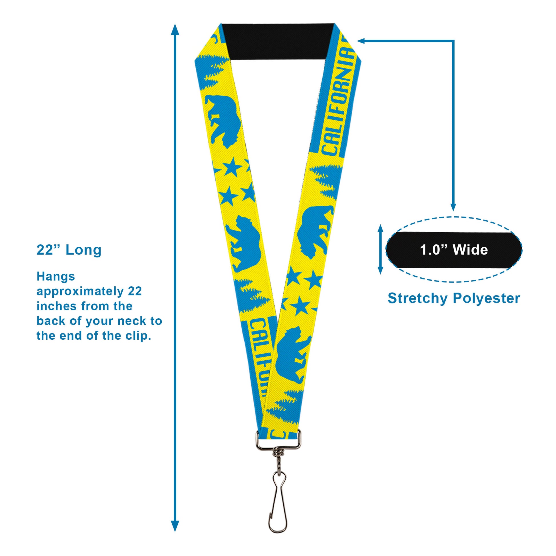 Lanyard - 1.0" - CALIFORNIA REPUBLIC Bear Stars Silhouette Yellow Blue Lanyards Buckle-Down