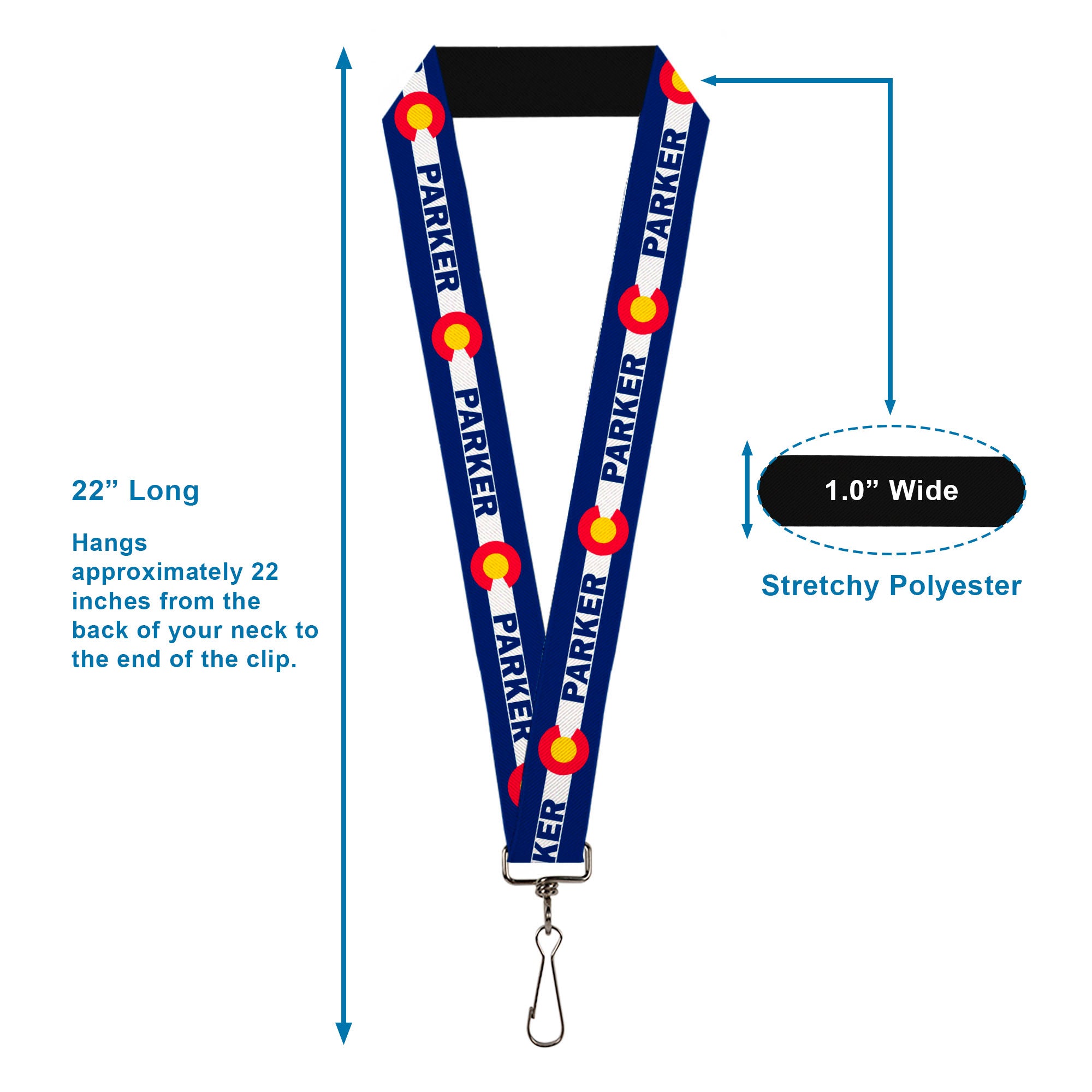 Lanyard - 1.0" - Colorado PARKER Flag Blue White Red Yellow Lanyards Buckle-Down