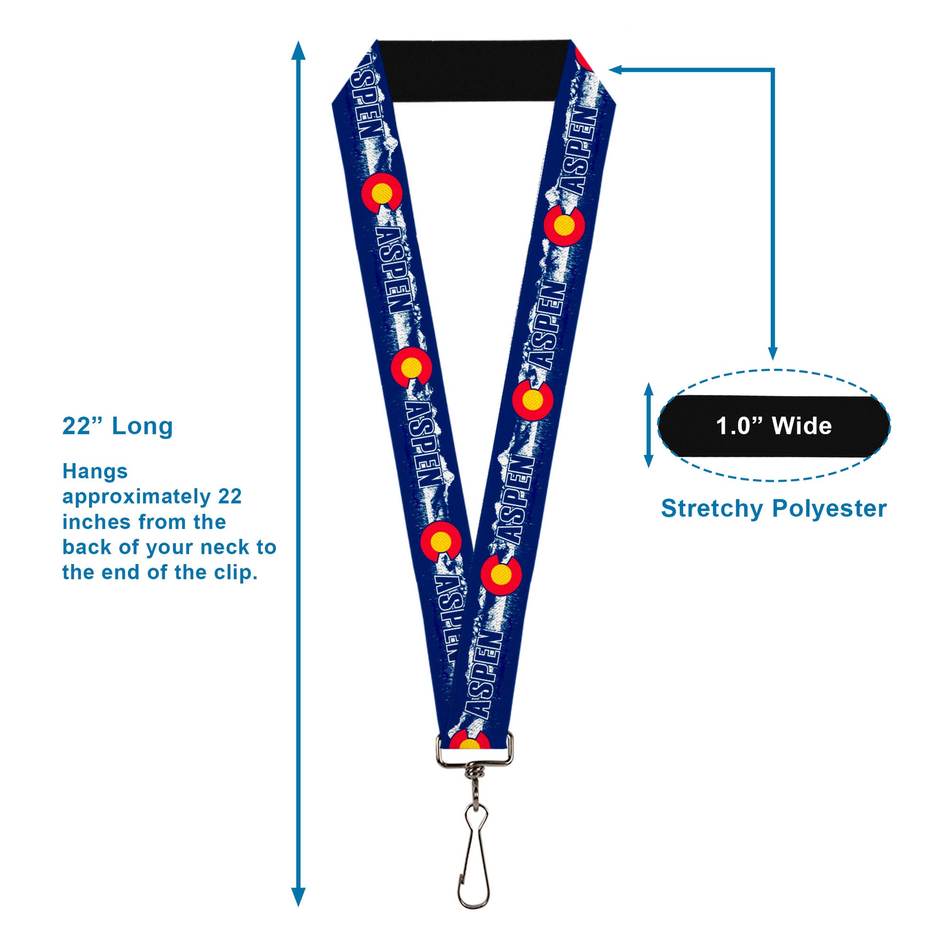 Lanyard - 1.0" - Colorado ASPEN Flag Snowy Mountains Weathered2 Blue White Red Yellows Lanyards Buckle-Down