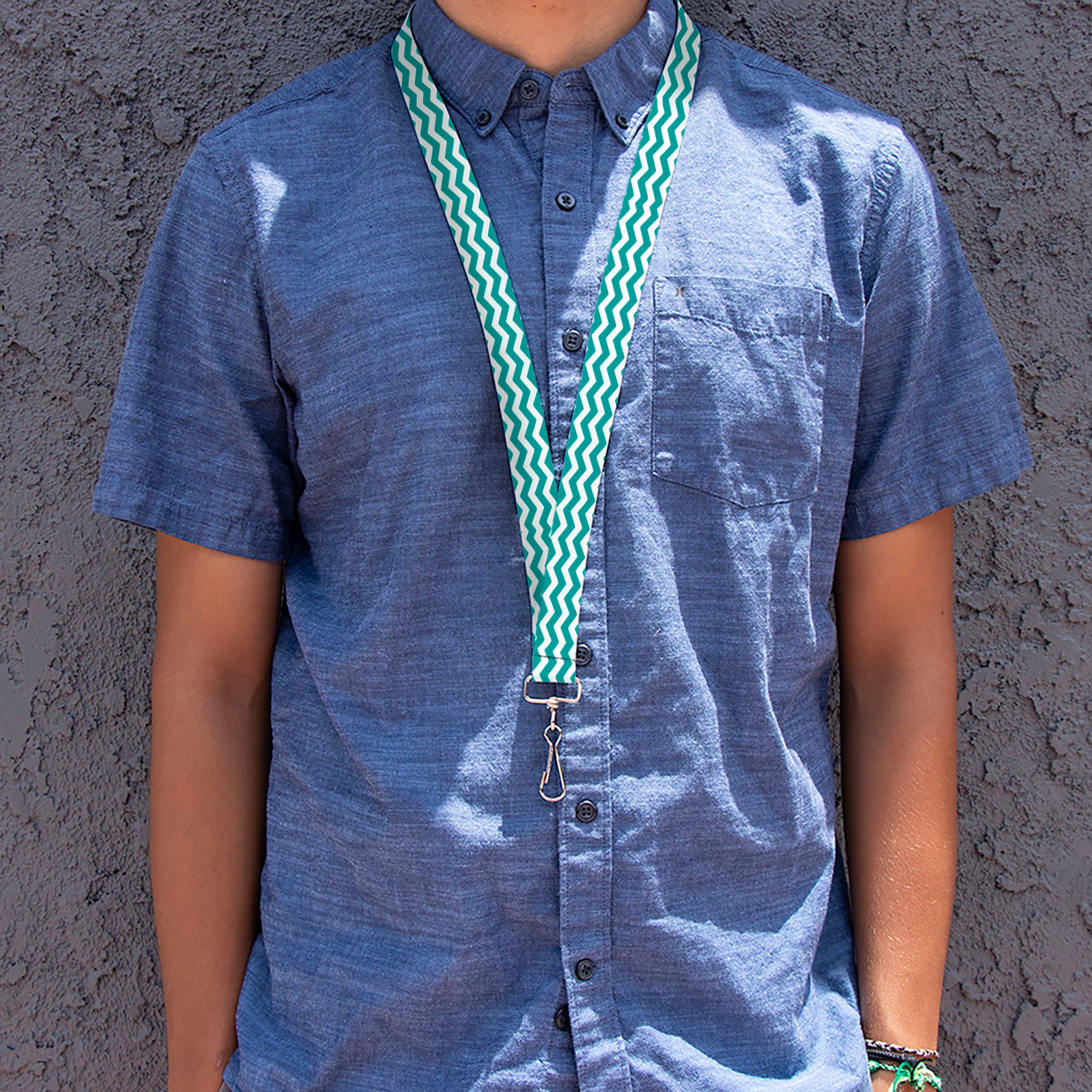 Lanyard - 1.0" - Chevron Stripe White Teal Lanyards Buckle-Down