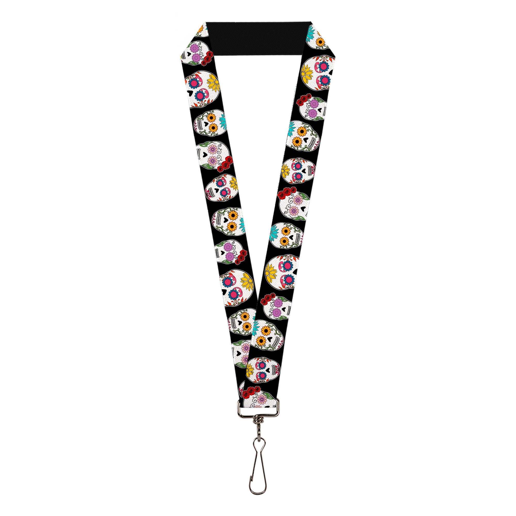 Lanyard - 1.0" - Staggered Sugar Skulls CLOSE-UP Black Multi Color Lanyards Buckle-Down