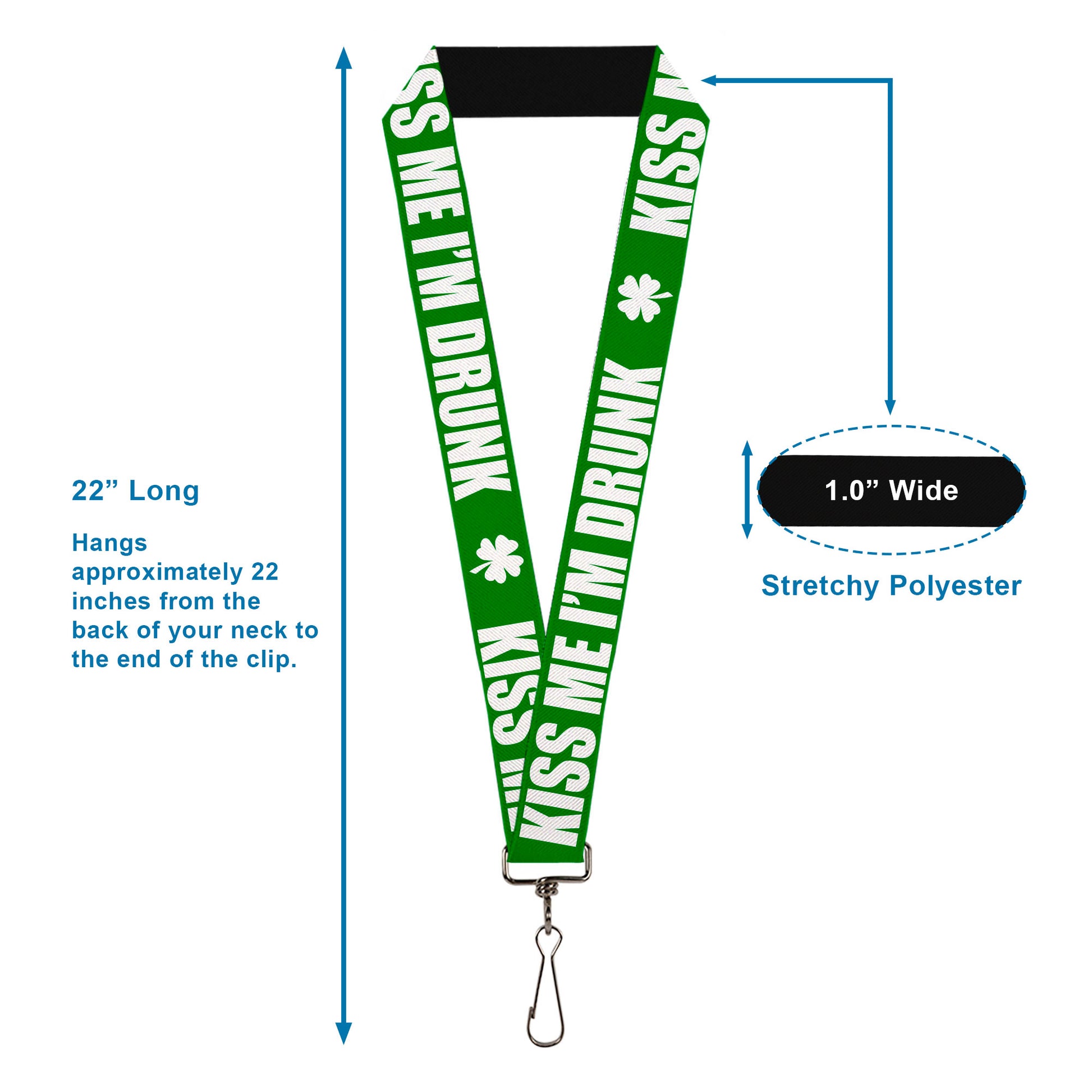 Lanyard - 1.0" - St Pat's KISS ME I'M DRUNK Shamrock Green White Lanyards Buckle-Down
