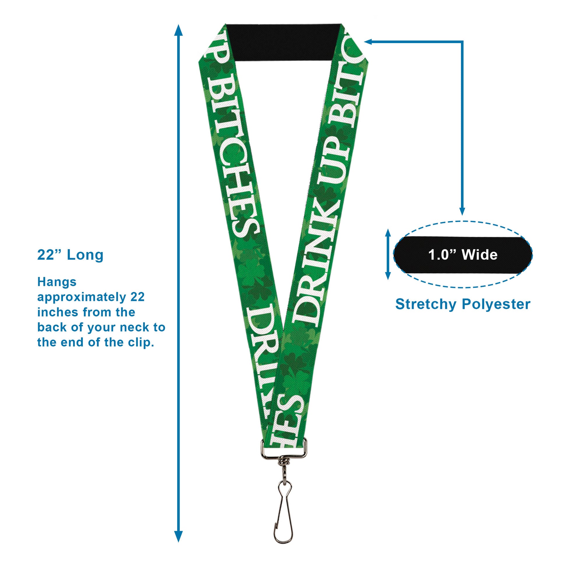 Lanyard - 1.0" - St Pat's DRINK UP BITCHES Stacked Shamrocks Greens White Lanyards Buckle-Down