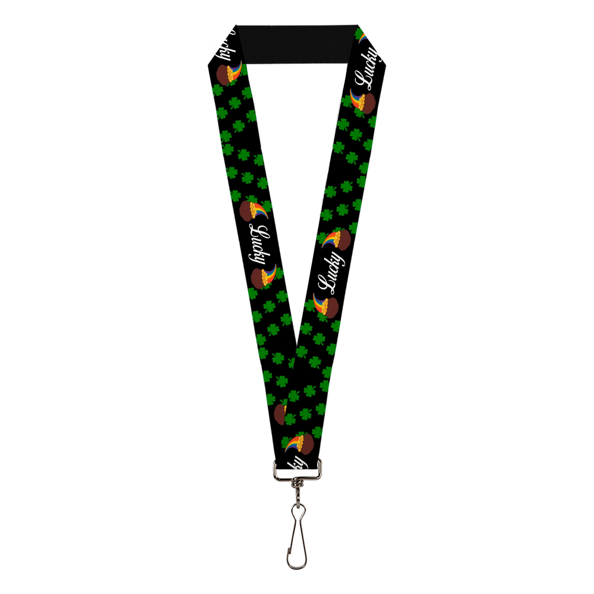 Lanyard - 1.0" - St Pat's LUCKY Pot of Gold Shamrocks Scattered Black Green White Lanyards Buckle-Down