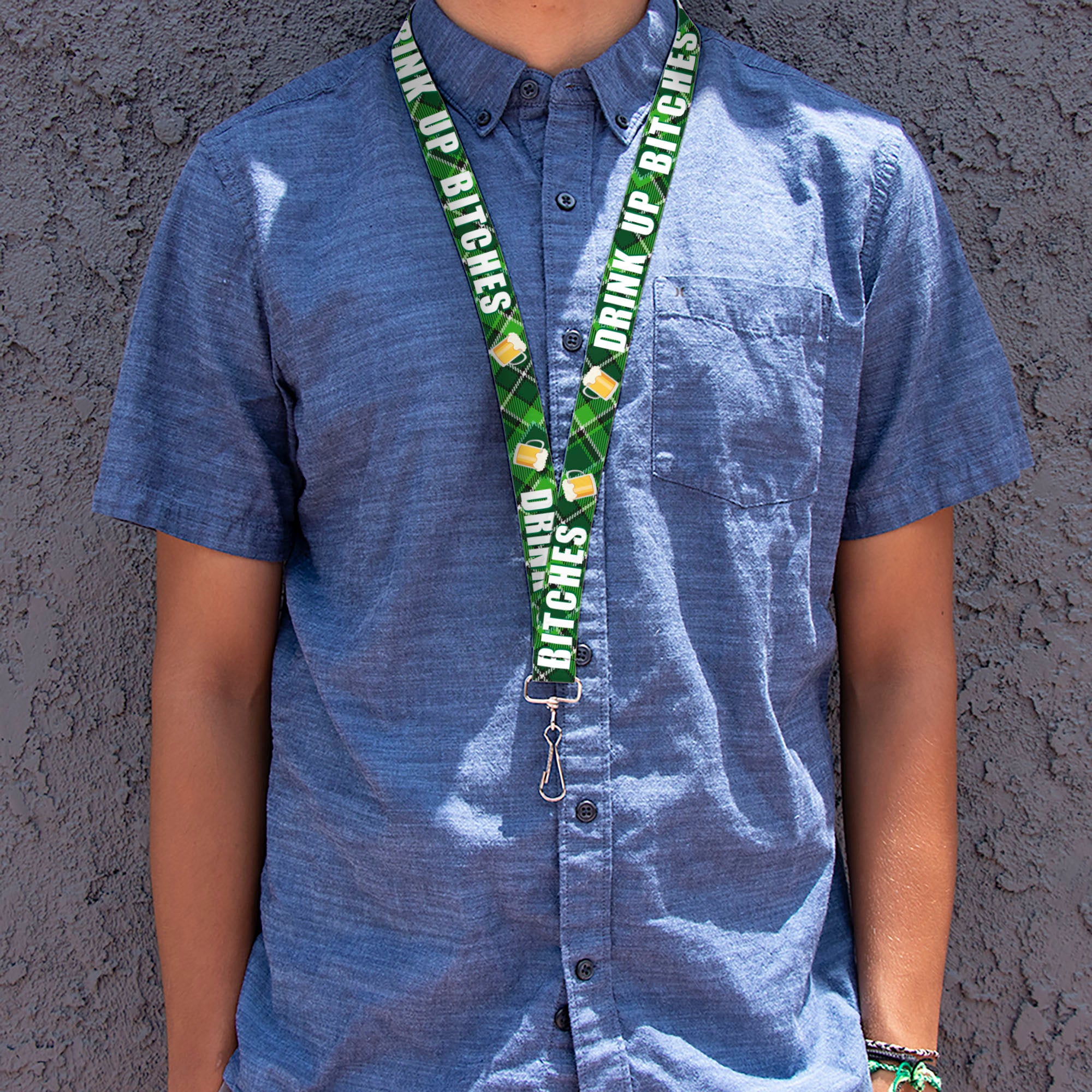 Lanyard - 1.0" - St Pat's DRINK UP BITCHES Beer Mugs Stacked Shamrocks Greens White Gold Lanyards Buckle-Down