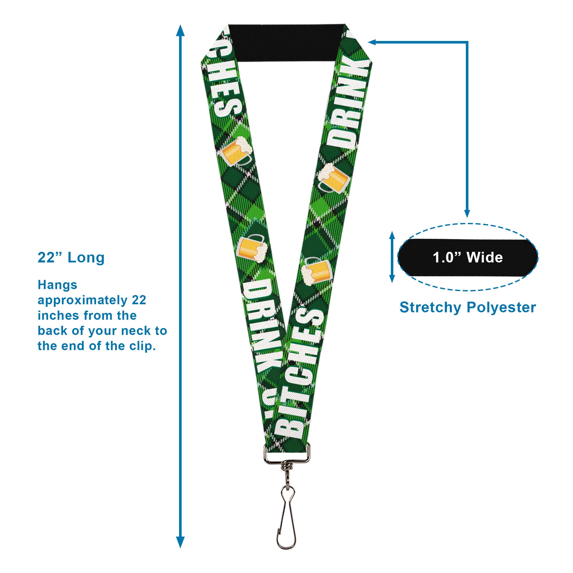 Lanyard - 1.0" - St Pat's DRINK UP BITCHES Beer Mugs Stacked Shamrocks Greens White Gold Lanyards Buckle-Down