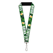 Lanyard - 1.0" - St Pat's DRINK UP BITCHES Beer Mugs Stacked Shamrocks Greens White Gold Lanyards Buckle-Down
