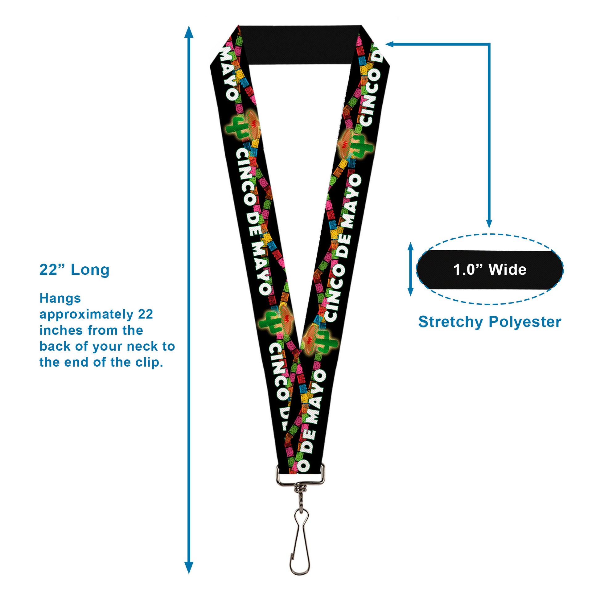 Lanyard - 1.0" - CINCO DE MAYO Cactus/Papel Picado Black/White/Multi Color Lanyards Buckle-Down