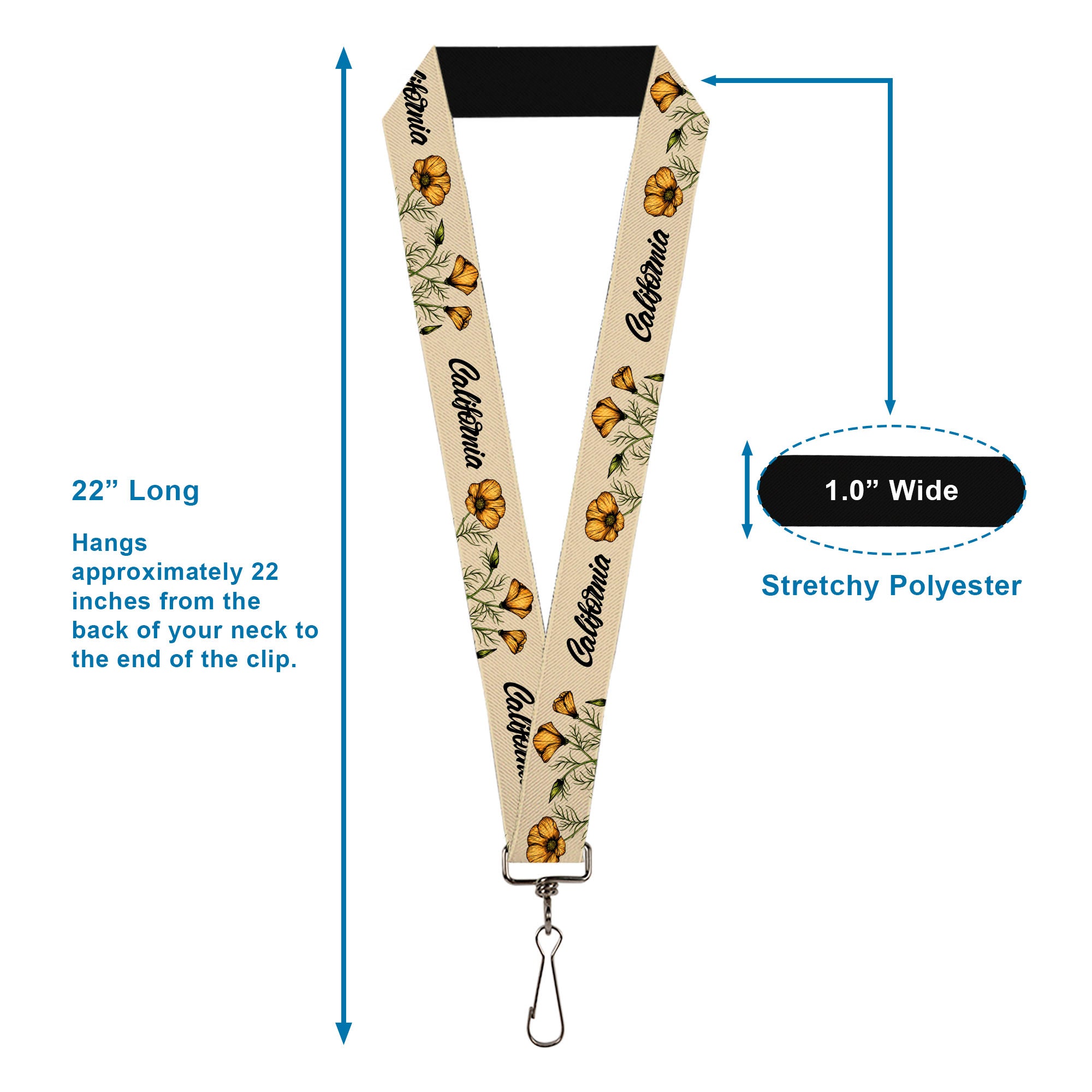 Lanyard - 1.0" - CALIFORNIA Poppy and Script Beige Lanyards Buckle-Down