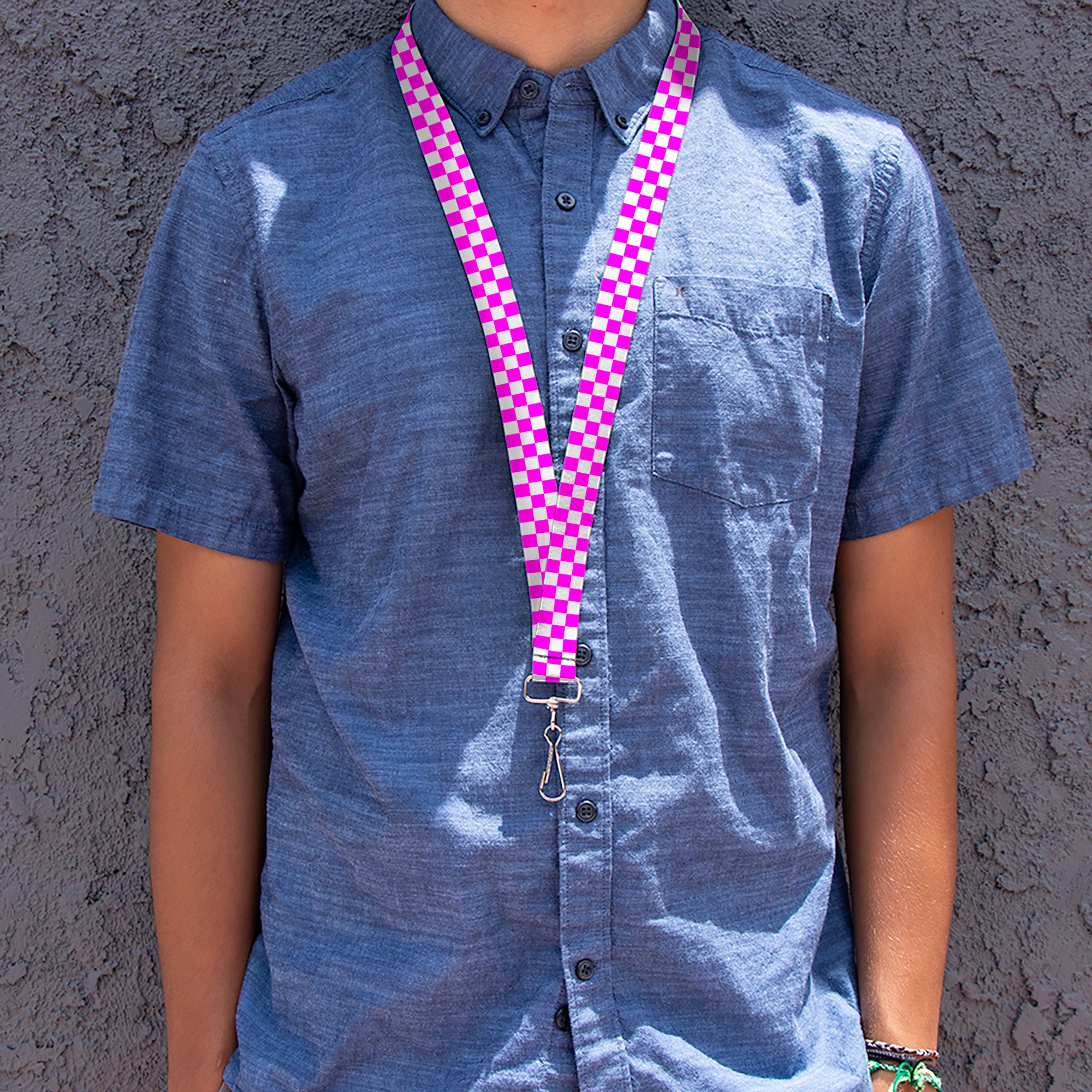 Lanyard - 1.0" - Checker Fuchsia Pink/White Lanyards Buckle-Down