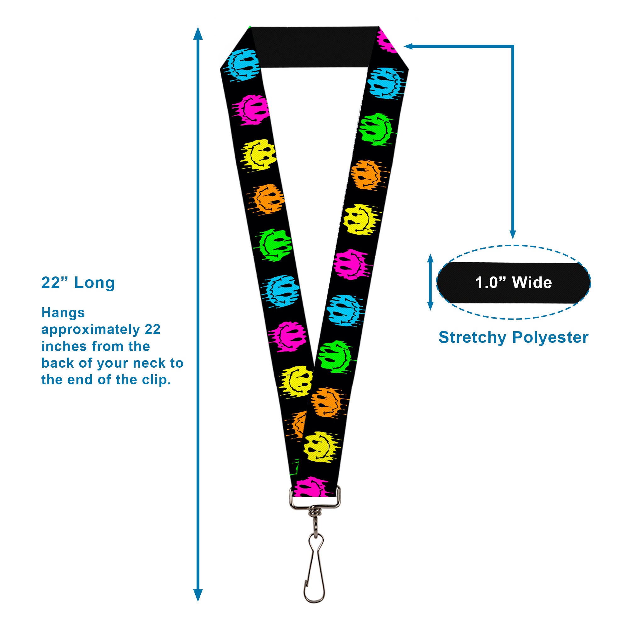 Lanyard - 1.0" - Smiley Face Melted Repeat Black Multi Neon Lanyards Buckle-Down
