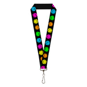 Lanyard - 1.0" - Smiley Face Melted Repeat Black Multi Neon Lanyards Buckle-Down