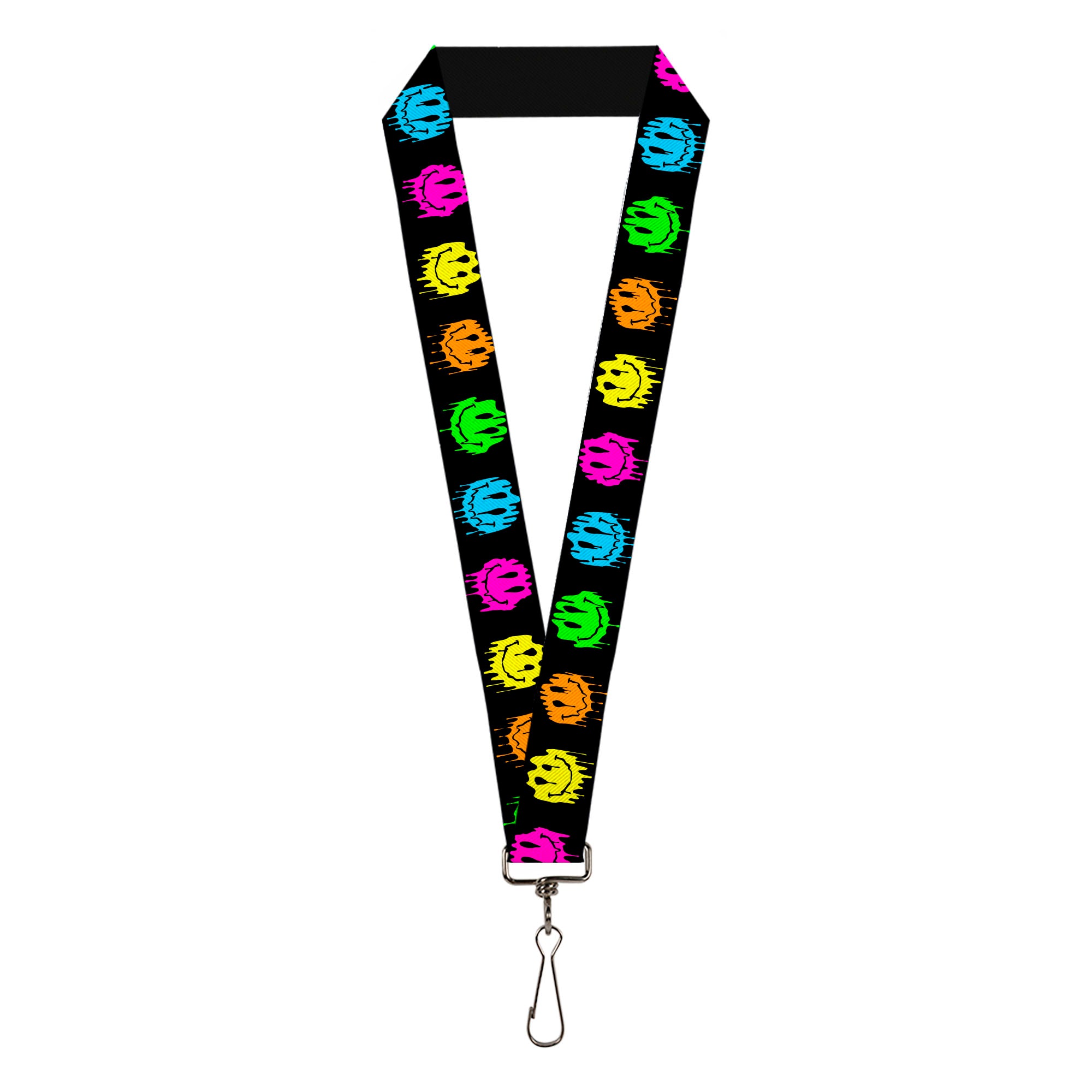 Lanyard - 1.0" - Smiley Face Melted Repeat Black Multi Neon Lanyards Buckle-Down