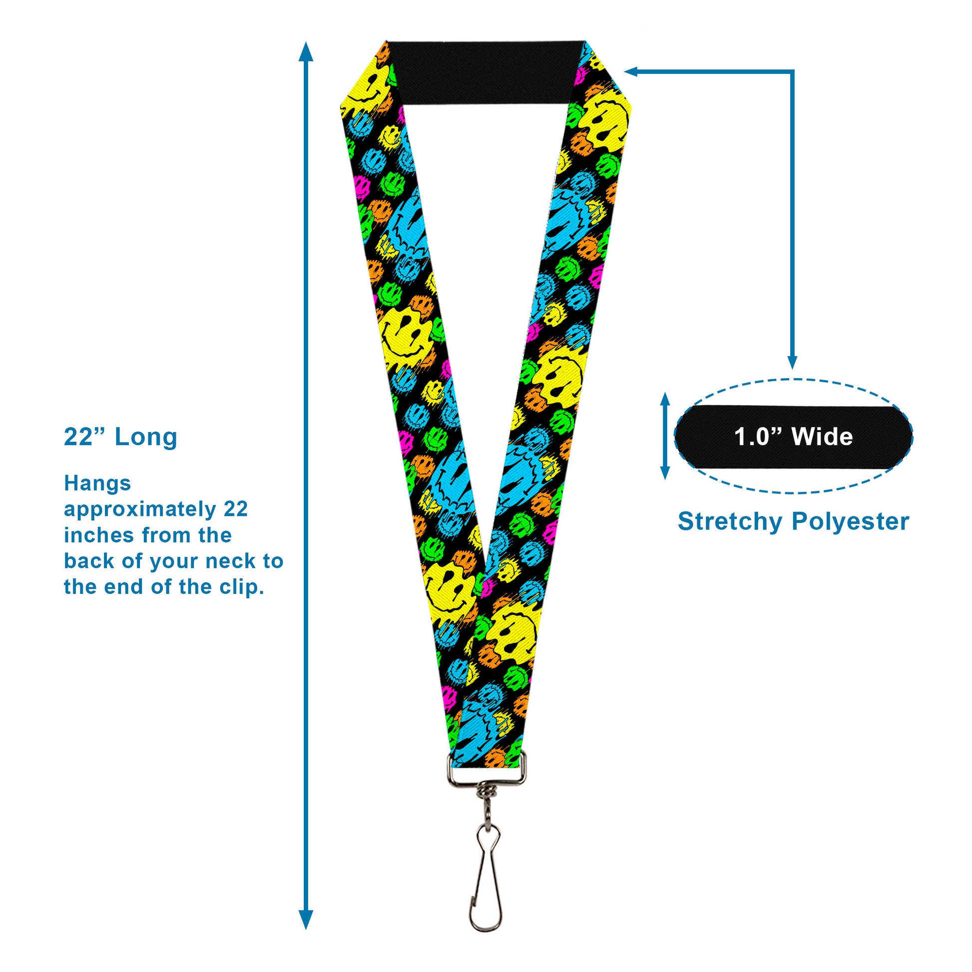 Lanyard - 1.0" - Smiley Faces Melted Stacked Black Multi Neon Lanyards Buckle-Down