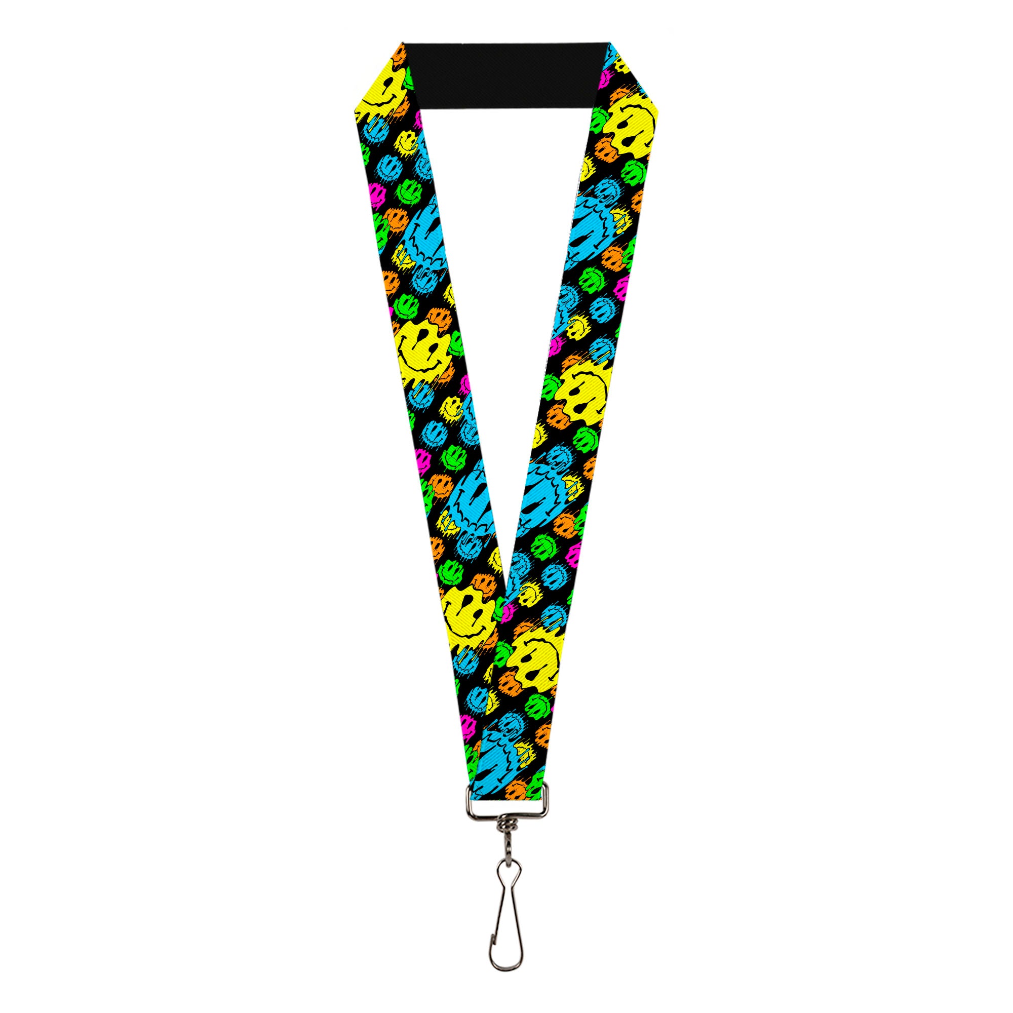 Lanyard - 1.0" - Smiley Faces Melted Stacked Black Multi Neon Lanyards Buckle-Down