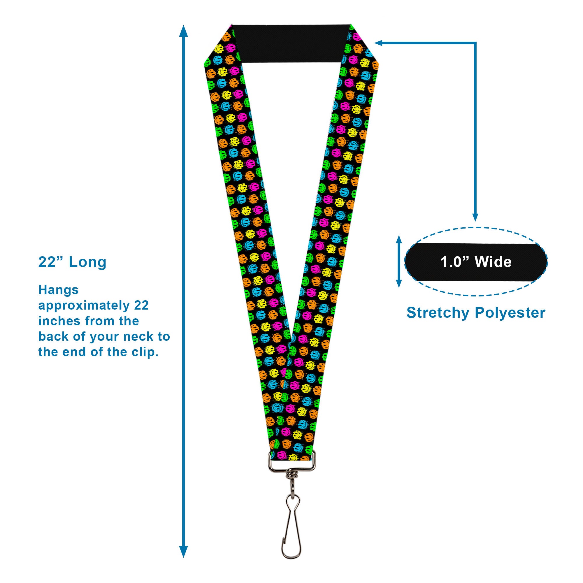 Lanyard - 1.0" - Smiley Faces Melted Mini Repeat Black Multi Neon Lanyards Buckle-Down