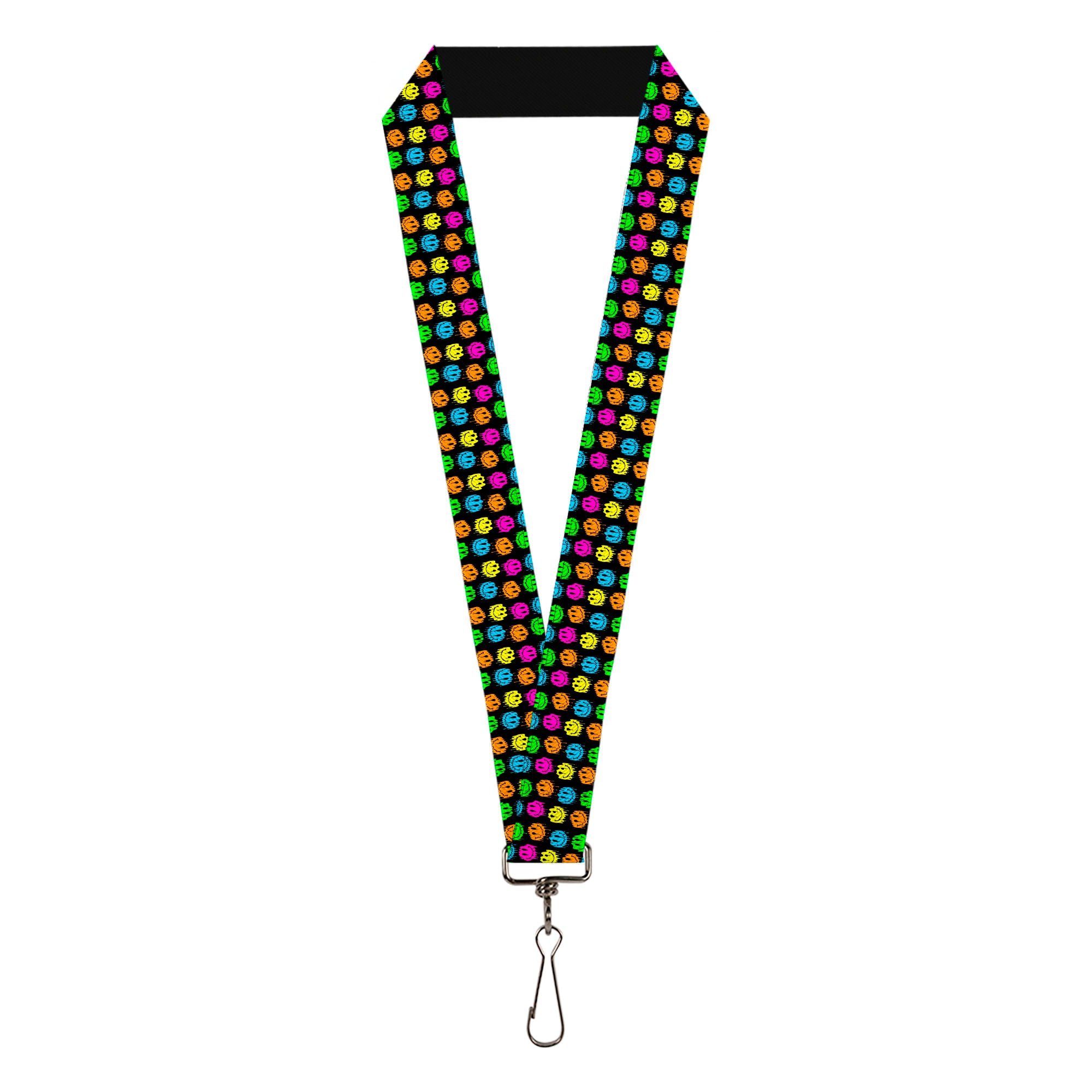 Lanyard - 1.0" - Smiley Faces Melted Mini Repeat Black Multi Neon Lanyards Buckle-Down