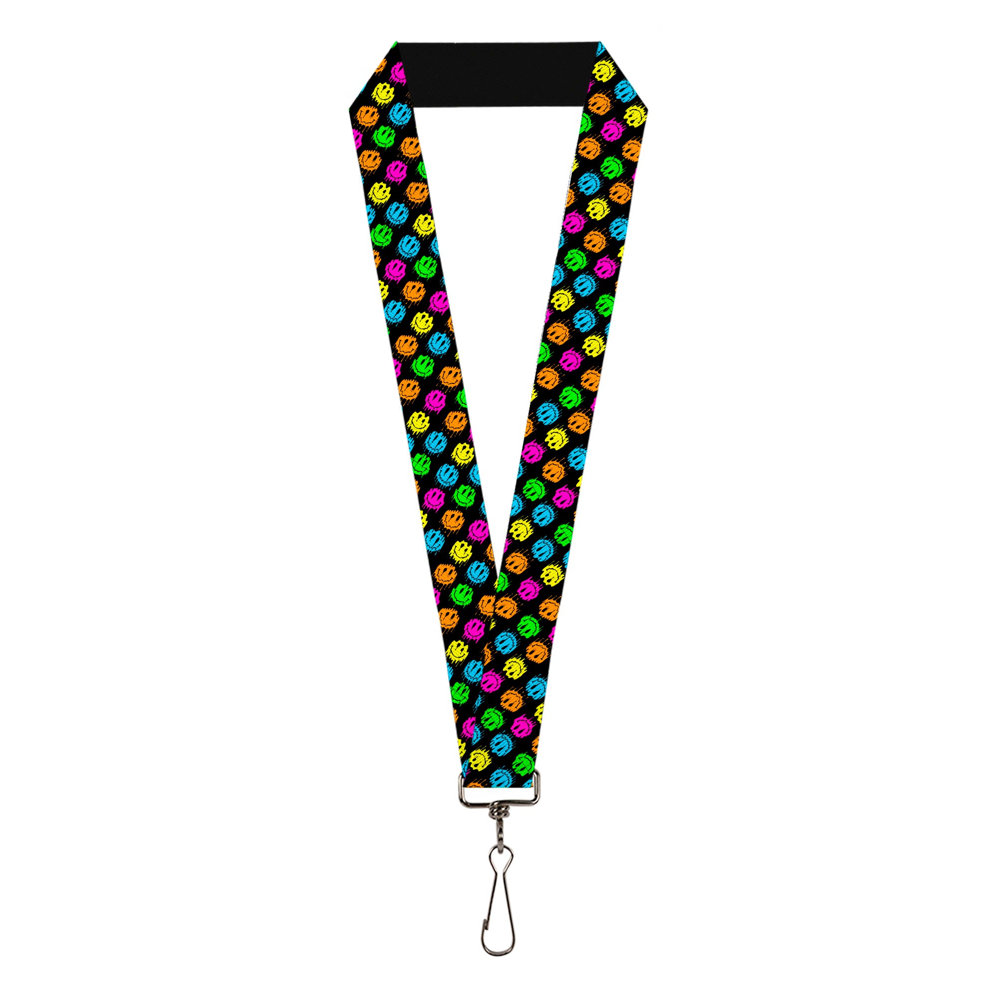 Lanyard - 1.0" - Smiley Faces Melted Mini Repeat Angle Black Multi Neon Lanyards Buckle-Down
