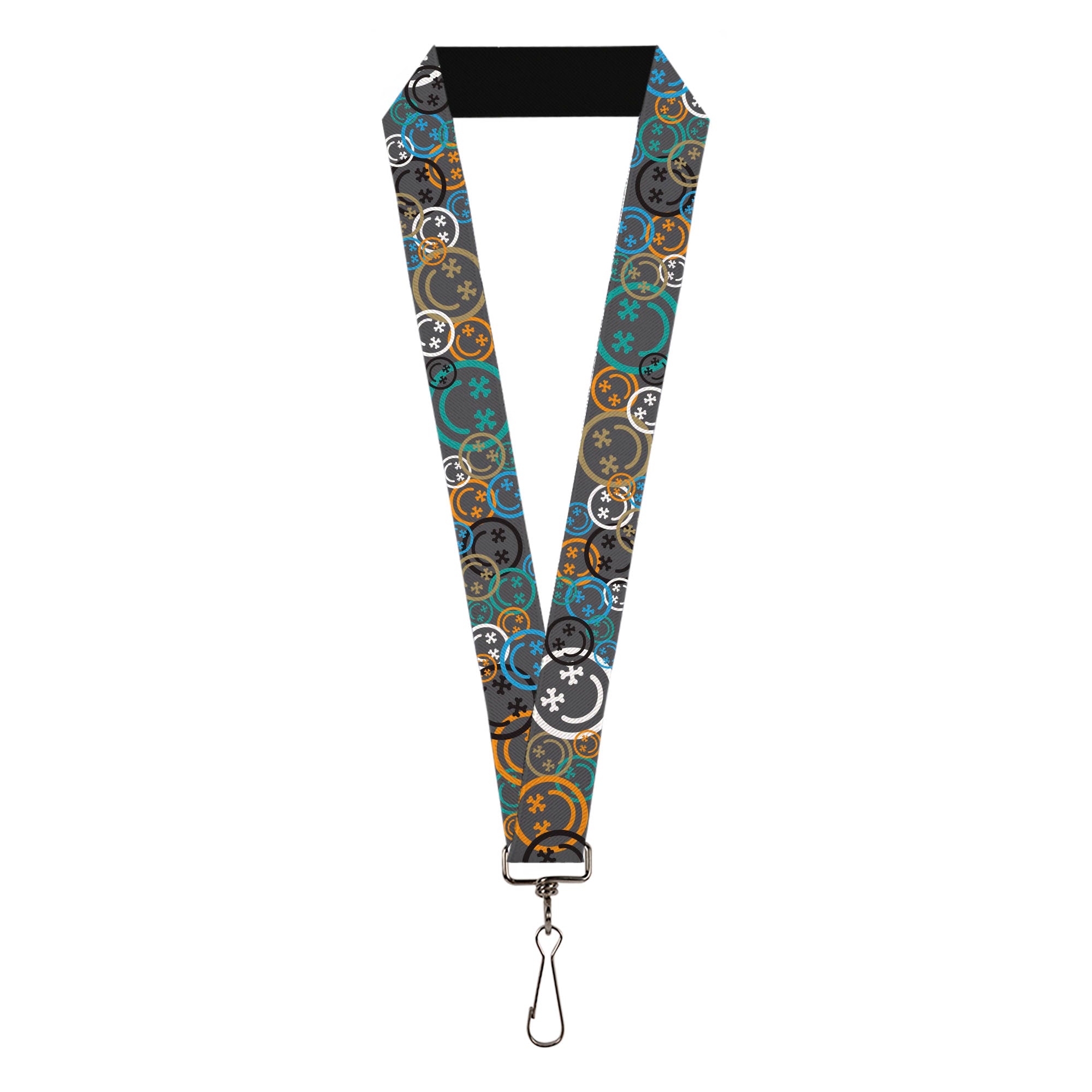 Lanyard - 1.0" - Smiley Face Crossbones Stacked Gray/Multi Color Lanyards Buckle-Down