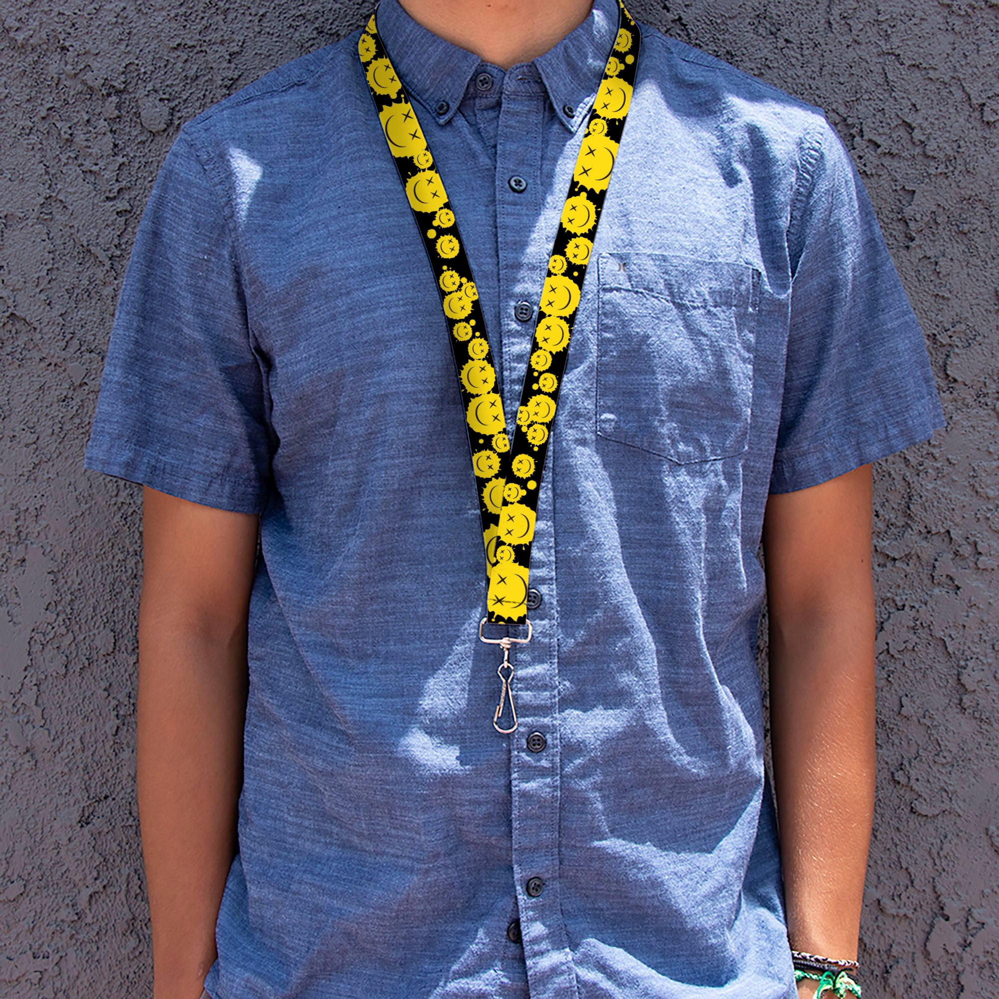Lanyard - 1.0" - Smiley Face Splatter Scattered Black/Yellow Lanyards Buckle-Down