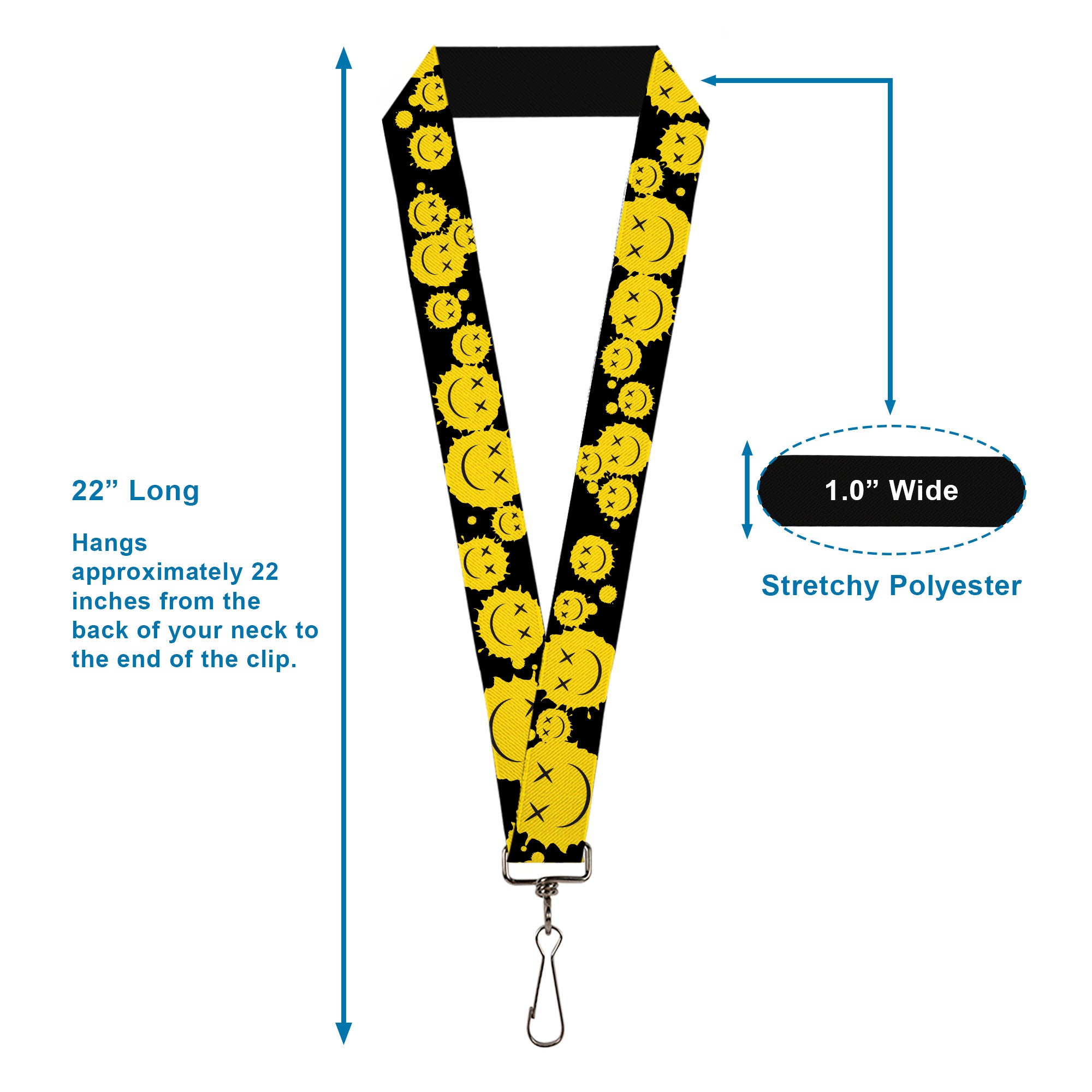 Lanyard - 1.0" - Smiley Face Splatter Scattered Black/Yellow Lanyards Buckle-Down