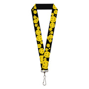 Lanyard - 1.0" - Smiley Face Splatter Scattered Black/Yellow Lanyards Buckle-Down