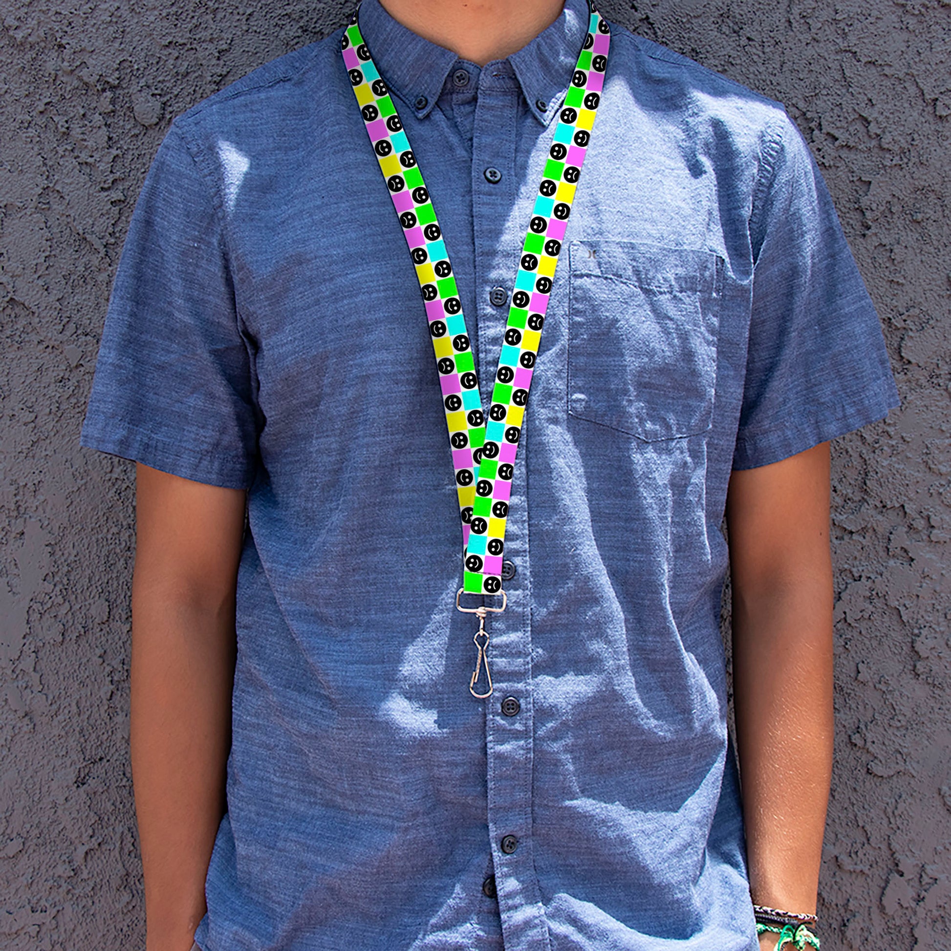 Lanyard - 1.0" - Smiley Sad Face Checker Multi Color/White Lanyards Buckle-Down