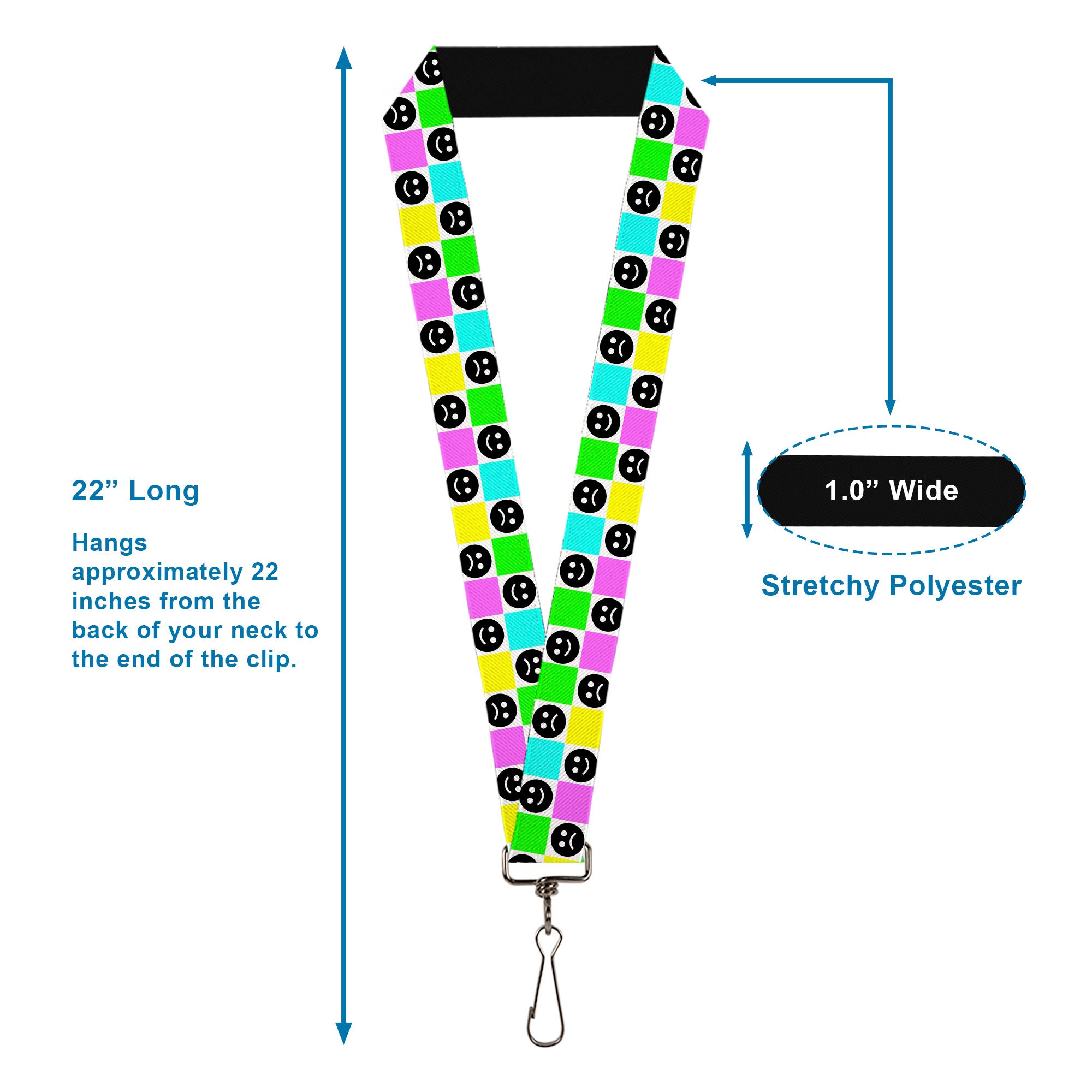 Lanyard - 1.0" - Smiley Sad Face Checker Multi Color/White Lanyards Buckle-Down