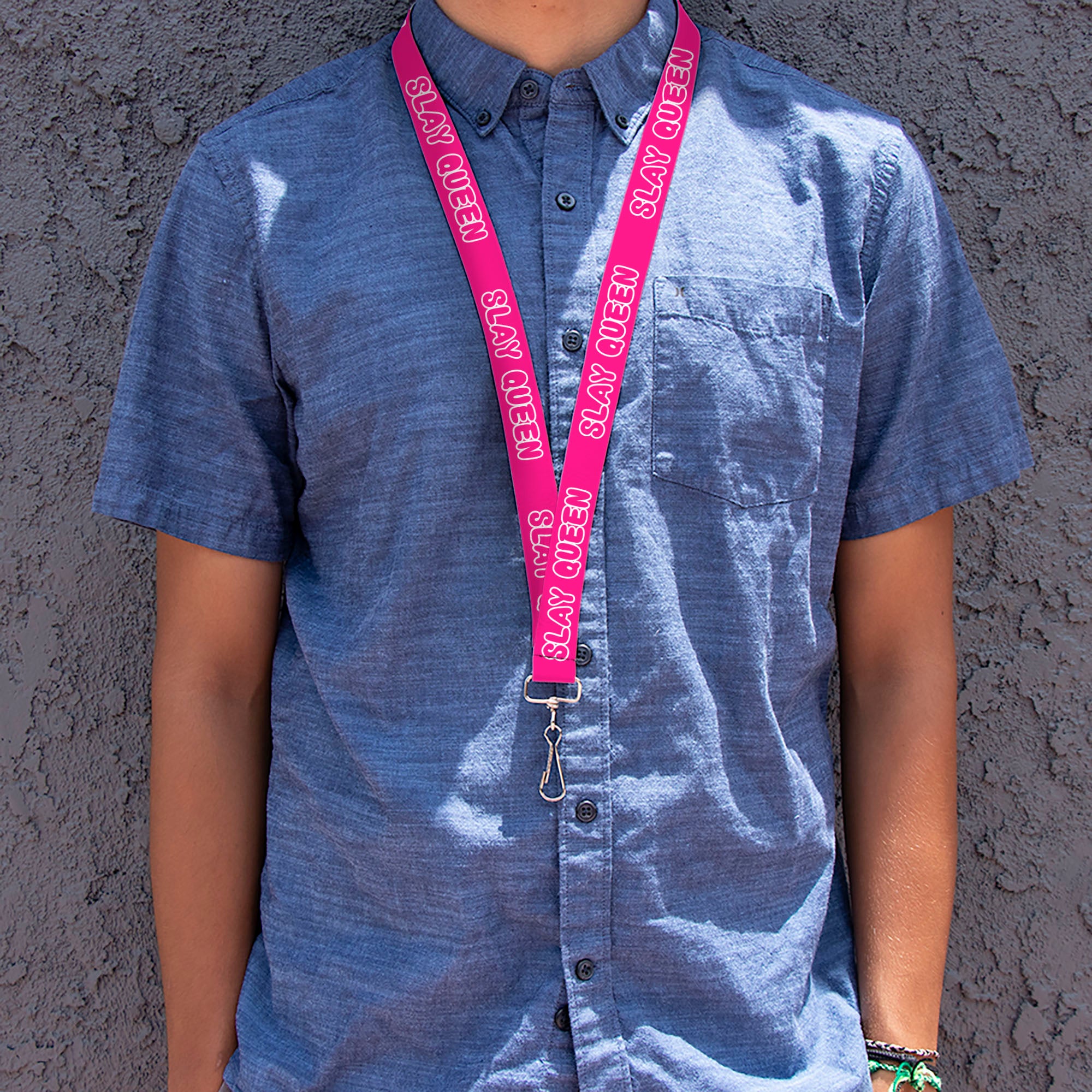 Lanyard - 1.0" - SLAY QUEEN Bubble Text Pink/White Lanyards Buckle-Down