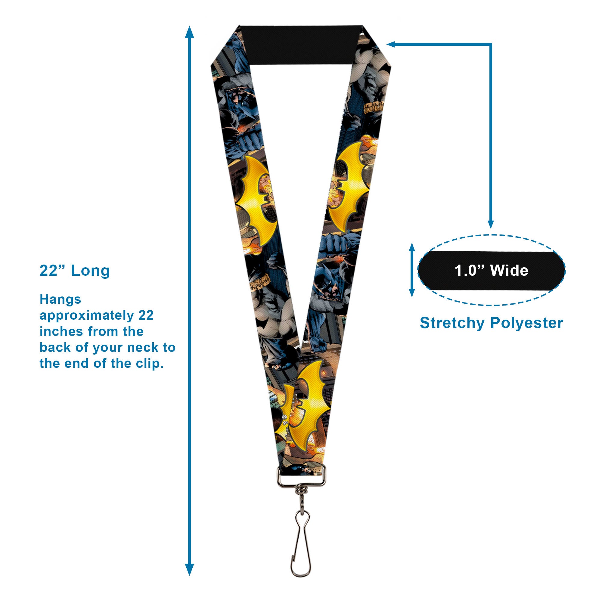 Lanyard - 1.0" - Bat Shield Urban Legend Action Poses Fire Full Color Golden Yellow Lanyards DC Comics