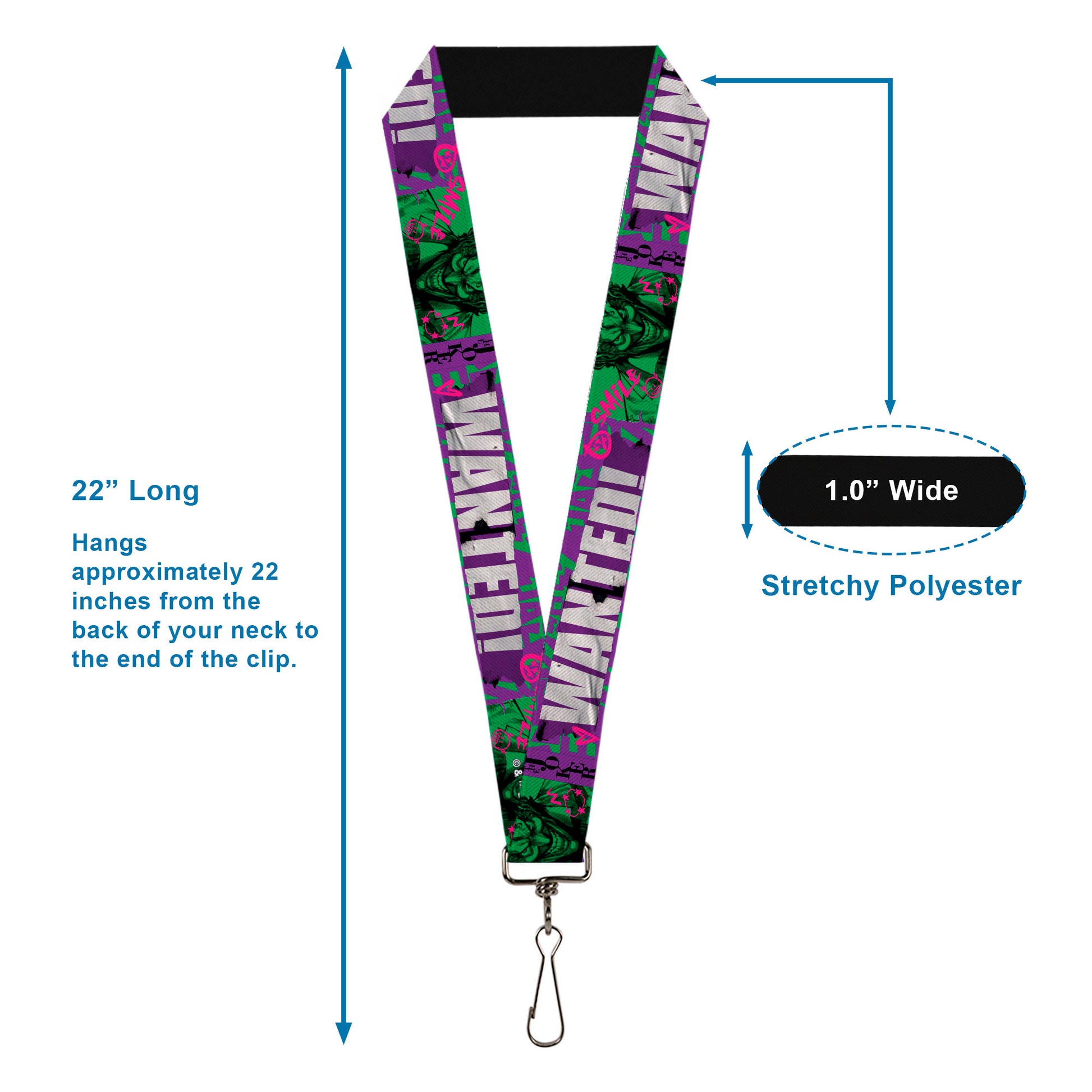Lanyard - 1.0" - THE JOKER WANTED Smiling Pose and Graffiti Purples/Greens Lanyards DC Comics