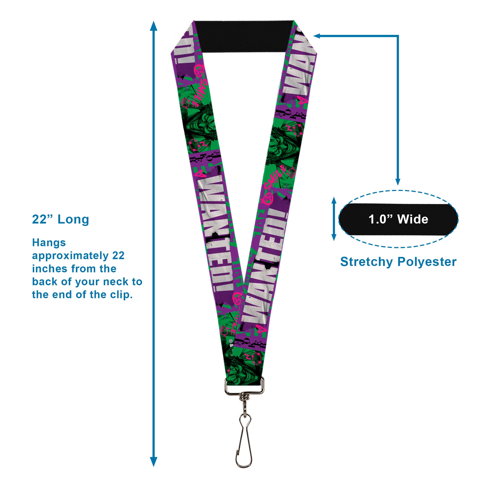 Lanyard - 1.0" - THE JOKER WANTED Smiling Pose and Graffiti Purples/Greens Lanyards DC Comics