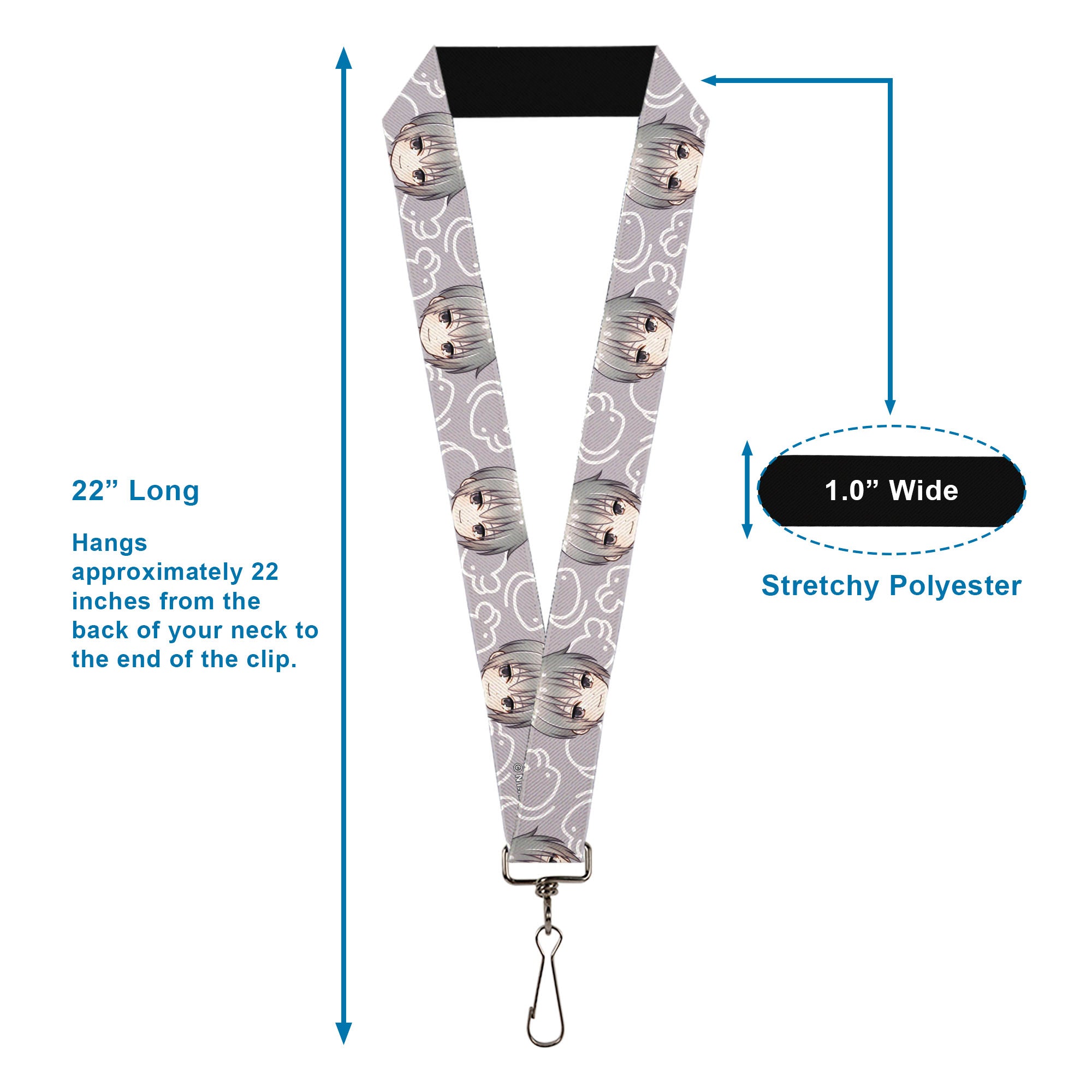 Lanyard - 1.0" - Fruits Basket Chibi Yuki Soma Face and Kimono Rat Icon Gray/White Lanyards Fruits Basket