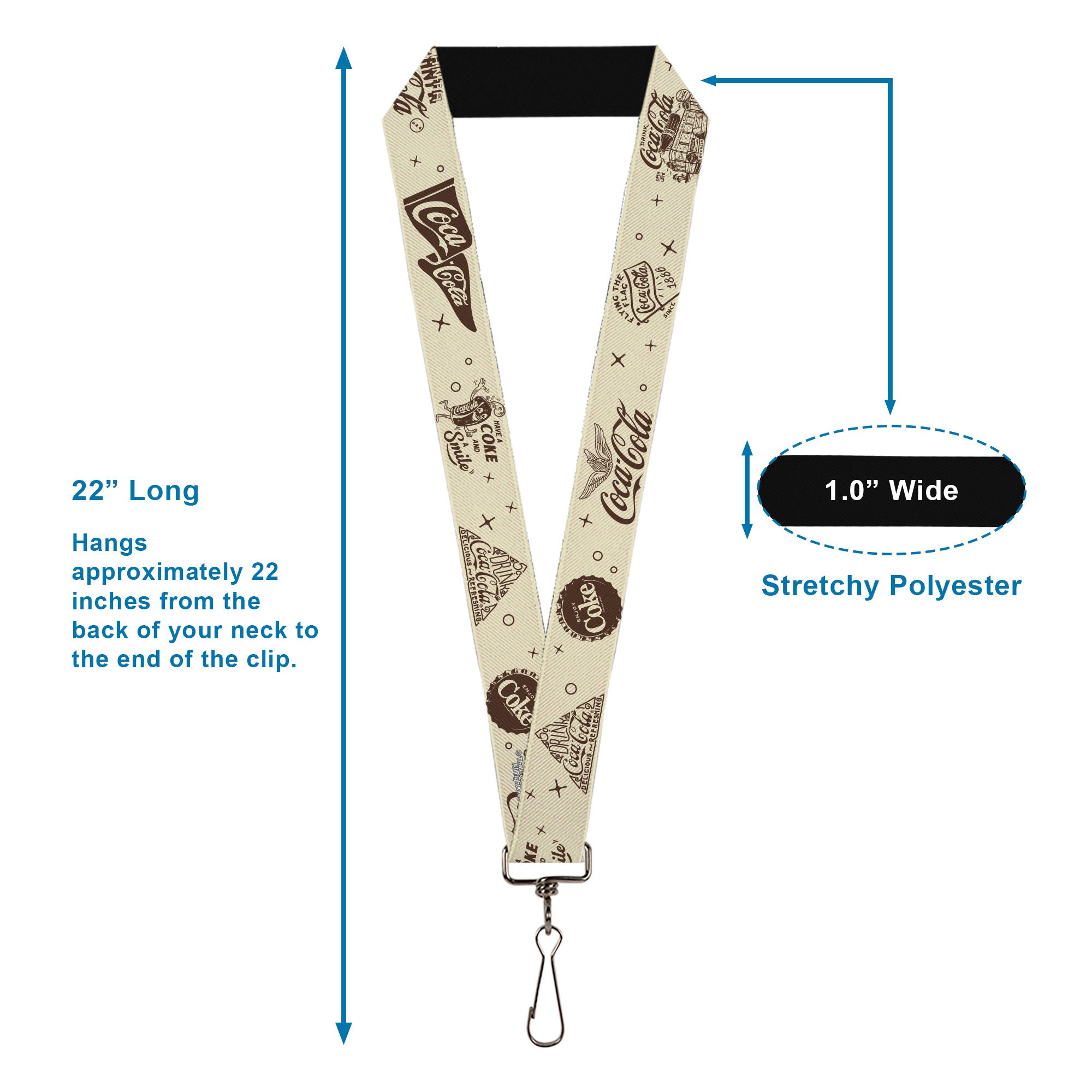 Lanyard - 1.0" - Vintage Coca-Cola Coke Icons and Ad Logos White/Brown Lanyards Coca-Cola