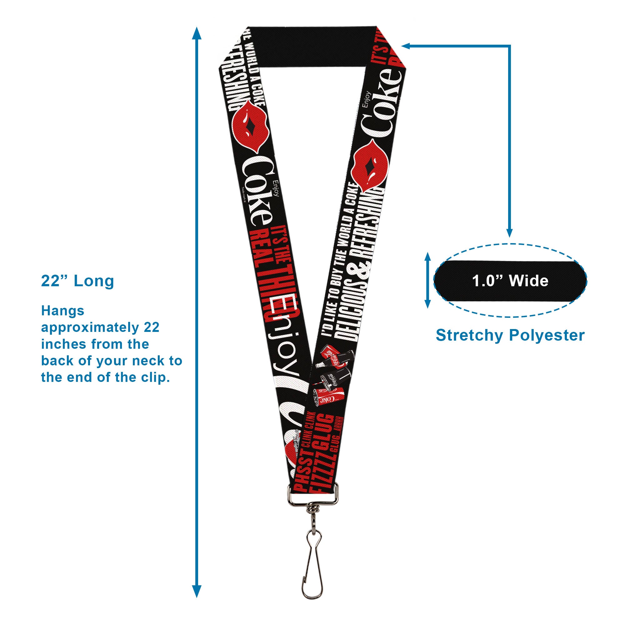 Lanyard - 1.0" - Coca-Cola ENJOY COKE IT'S THE REAL THING Kiss Black/White/Red Lanyards Coca-Cola