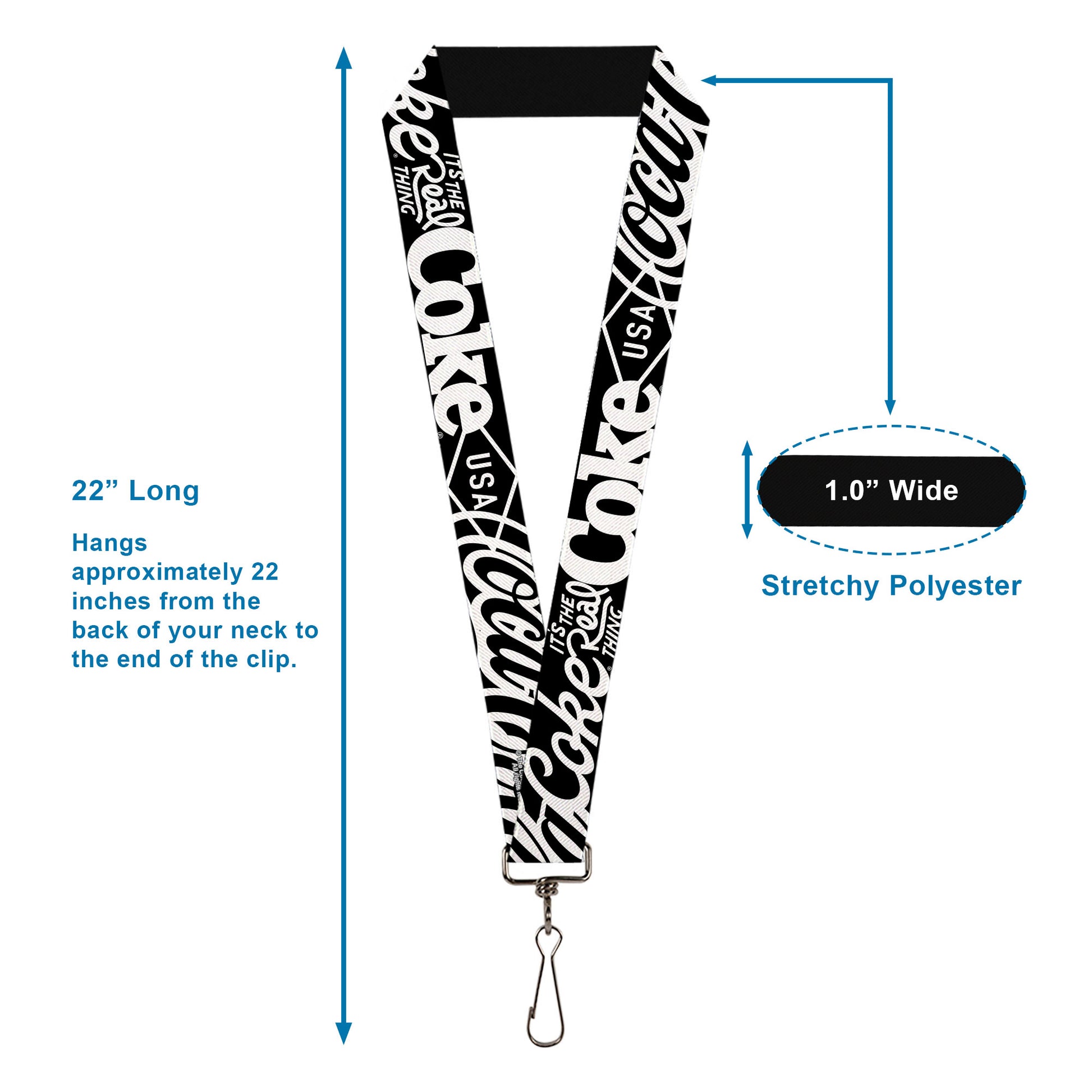 Lanyard - 1.0" - COCA-COLA COKE Typography IT'S THE REAL THING Black/White Lanyards Coca-Cola