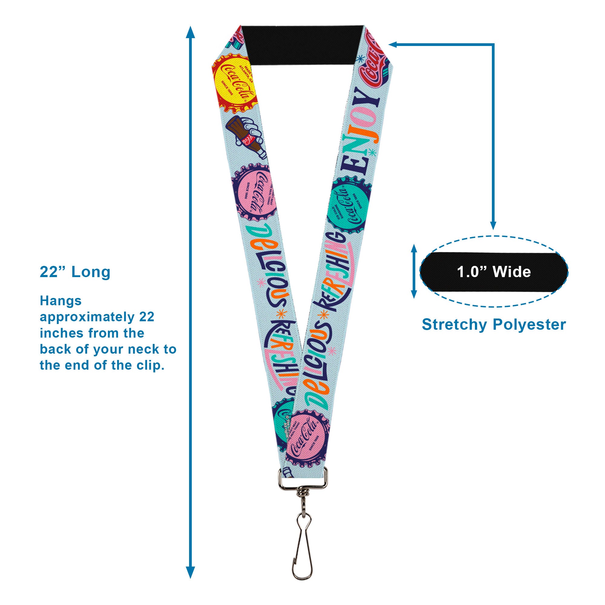 Lanyard - 1.0" - COCA-COLA DELICIOUS REFRESHING ENJOY Bottle Caps Light Blue/Multi Color Lanyards Coca-Cola