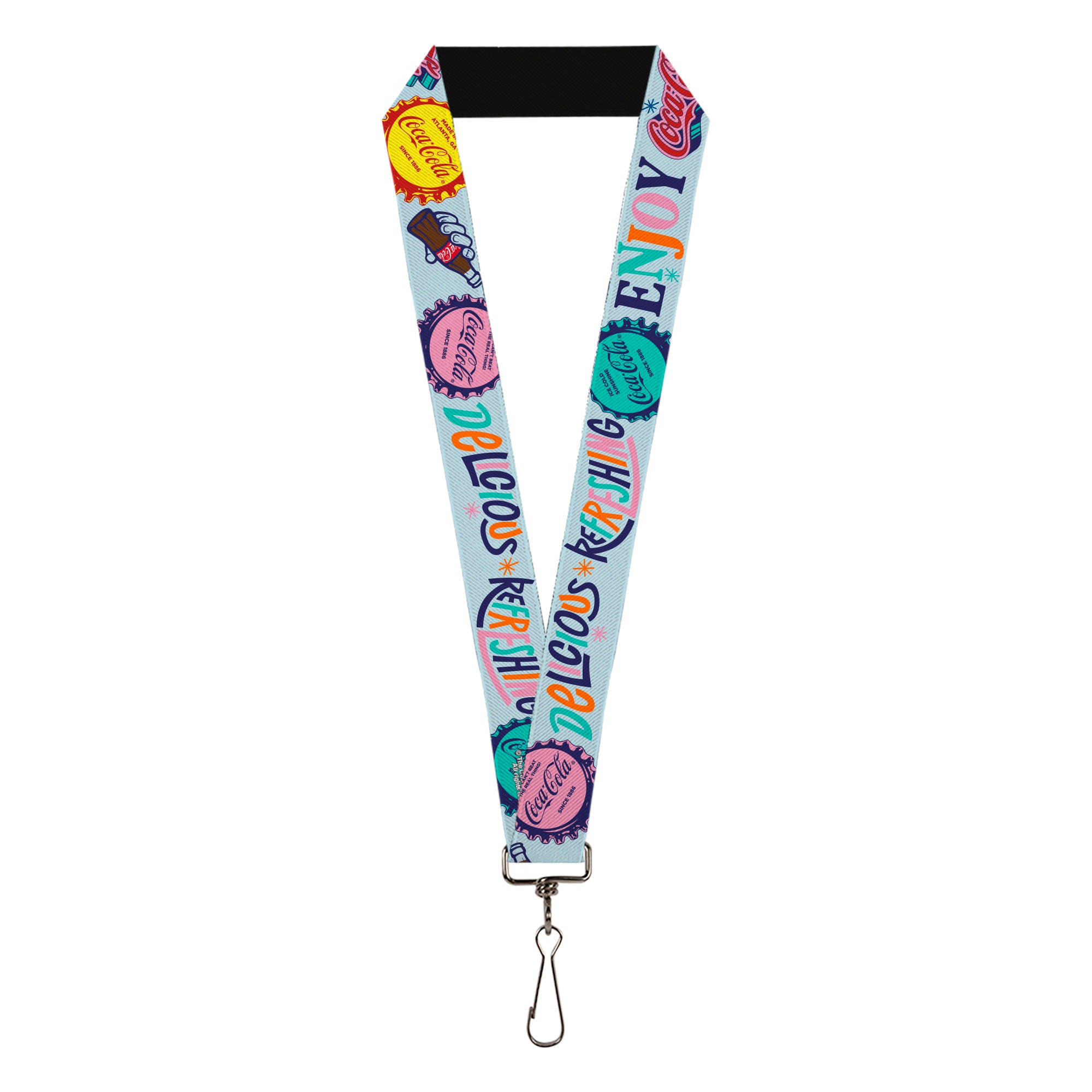 Lanyard - 1.0" - COCA-COLA DELICIOUS REFRESHING ENJOY Bottle Caps Light Blue/Multi Color Lanyards Coca-Cola