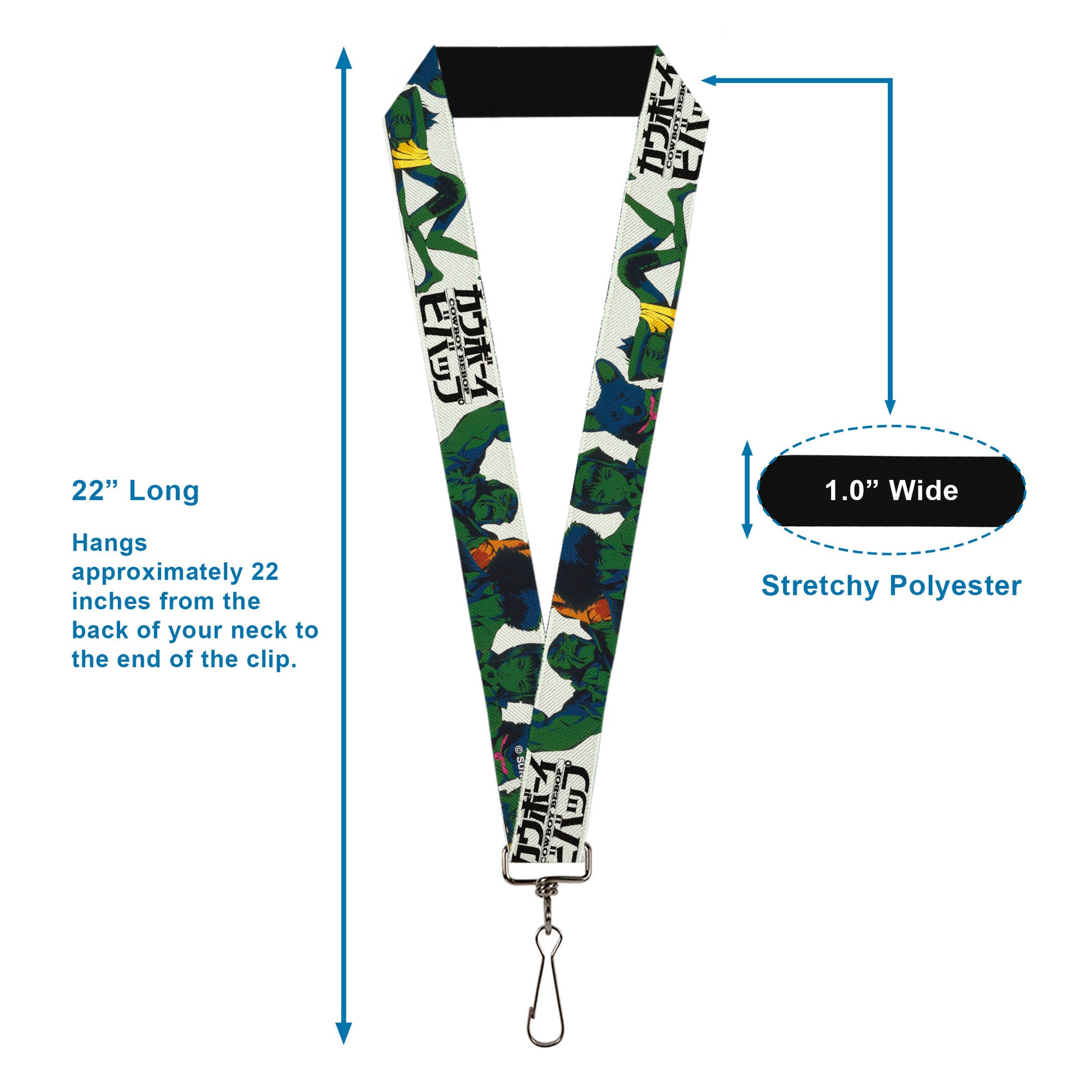 Lanyard - 1.0" - COWBOY BEBOP Crew Group Pose and Title Logo White/Black/Greens Lanyards Cowboy Bebop