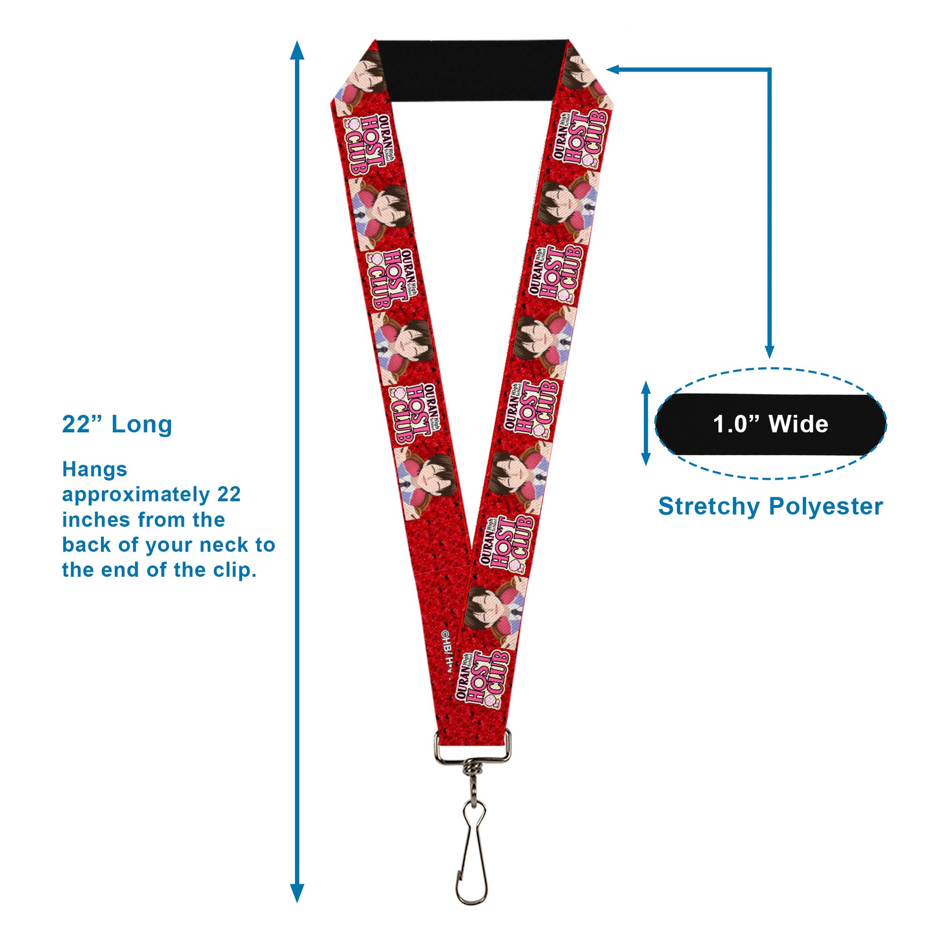 Lanyard - 1.0" - OURAN HIGH SCHOOL HOST CLUB Haruhi Smiling Pose with Roses and Title Logo Reds Lanyards Ouran High School Host Club