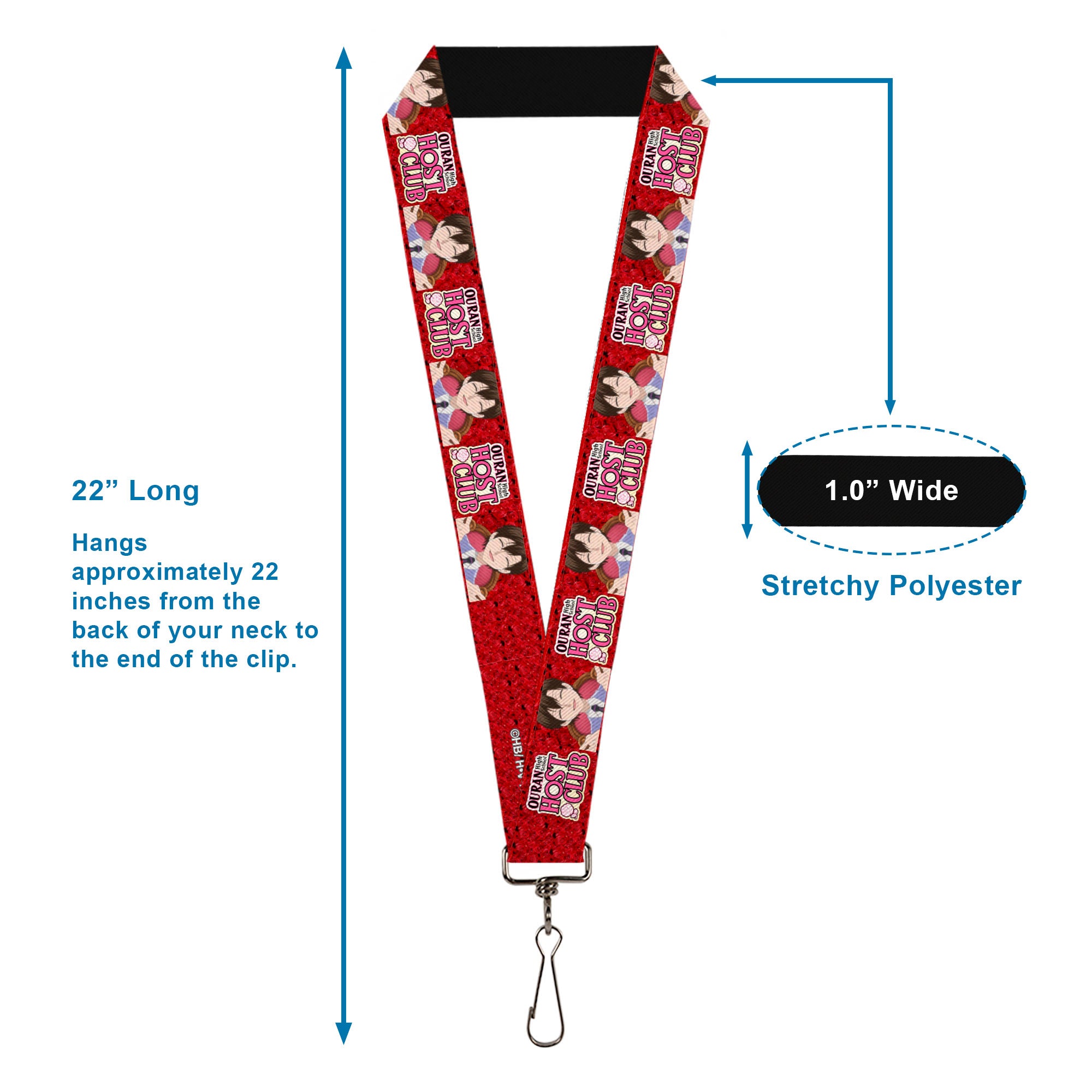 Lanyard - 1.0" - OURAN HIGH SCHOOL HOST CLUB Haruhi Smiling Pose with Roses and Title Logo Reds Lanyards Ouran High School Host Club