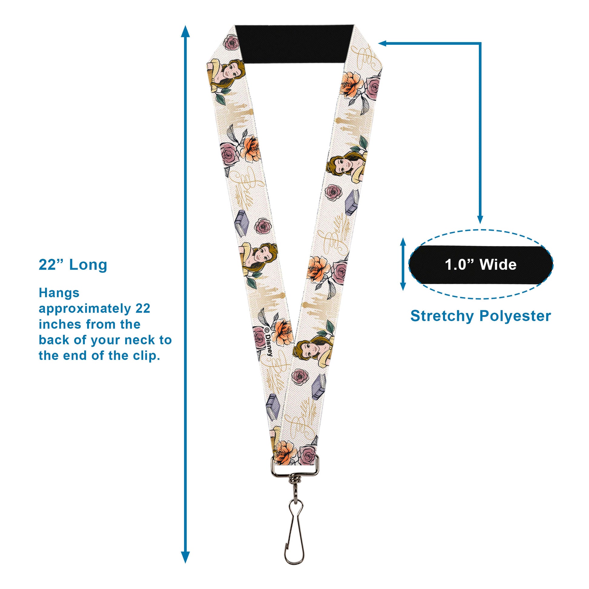 Lanyard - 1.0" - Beauty and the Beast Belle Castle Pose with Script and Flowers White/Yellows Lanyards Disney