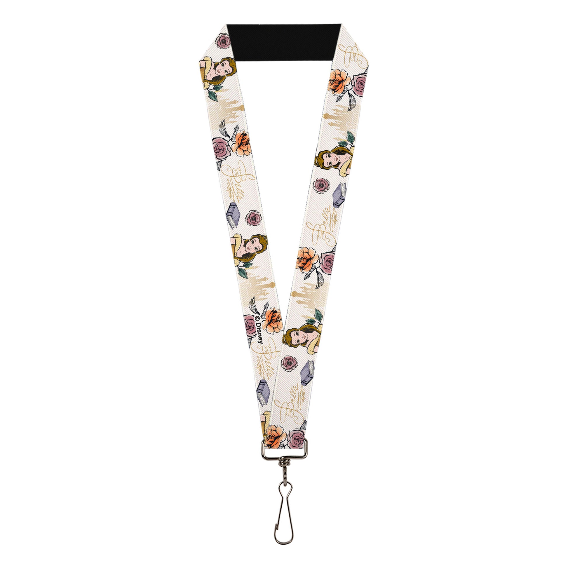 Lanyard - 1.0" - Beauty and the Beast Belle Castle Pose with Script and Flowers White/Yellows Lanyards Disney
