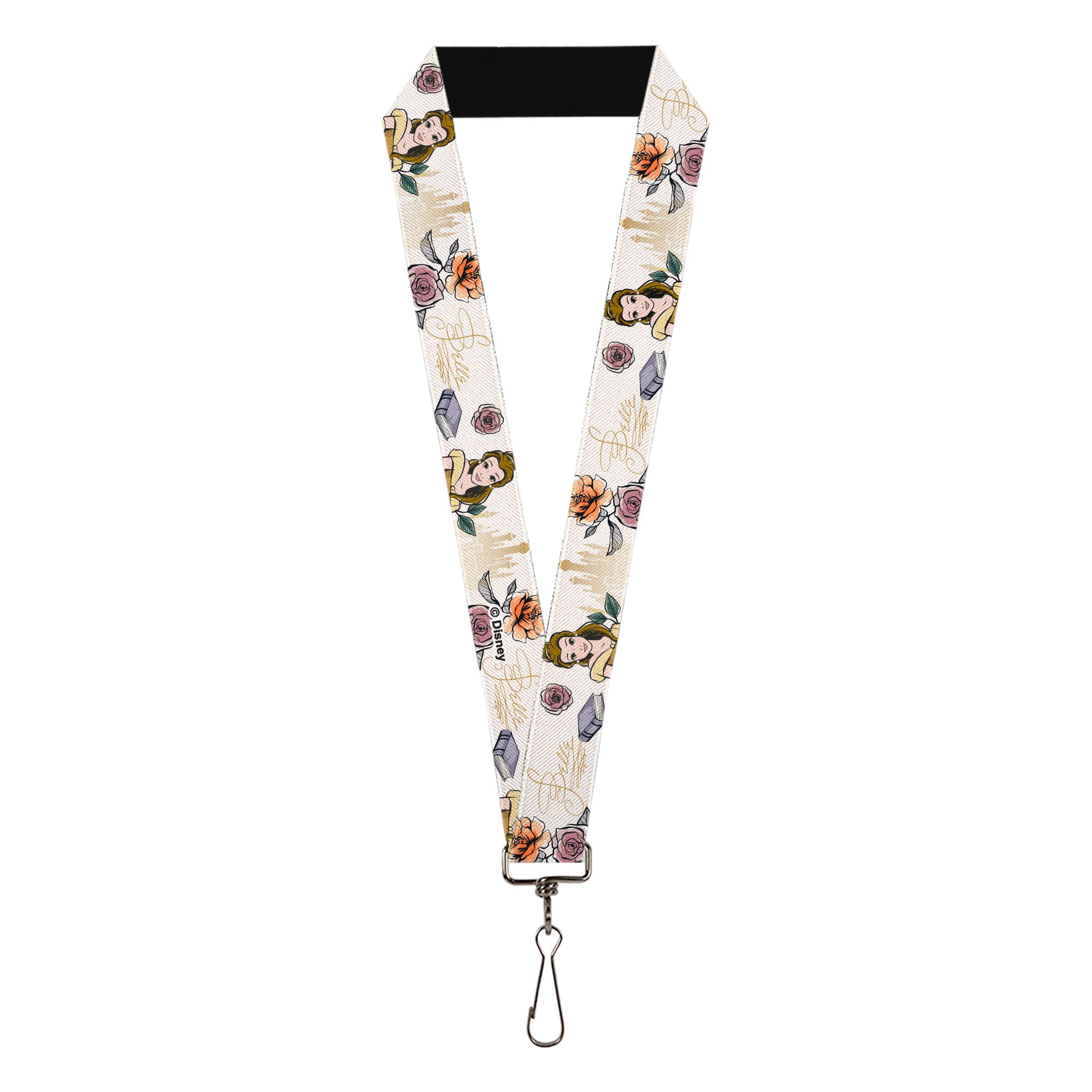 Lanyard - 1.0" - Beauty and the Beast Belle Castle Pose with Script and Flowers White/Yellows Lanyards Disney