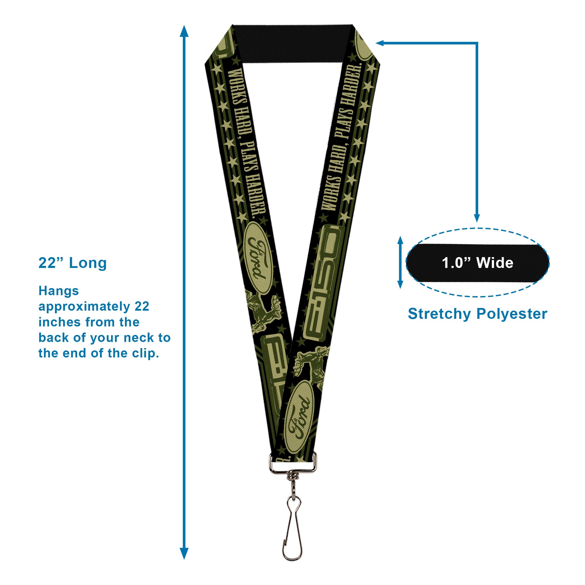 Lanyard - 1.0" - FORD F-150 WORKS HARD, PLAYS HARDER Stars Black Tan Olive Lanyards Ford