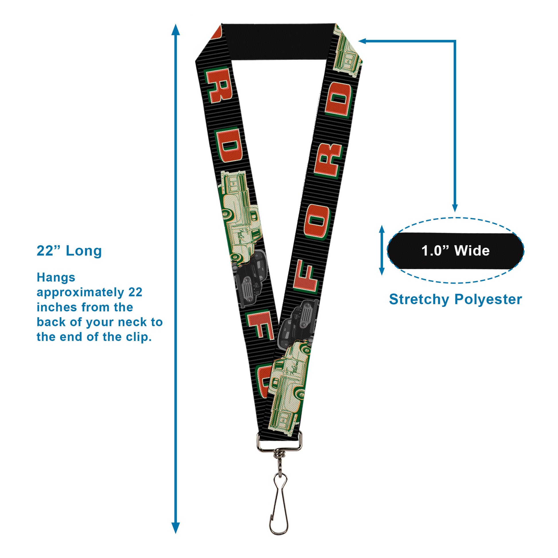 Lanyard - 1.0" - FORD Classic Ford Trucks Vertical Stripe Black Grays Green Red Lanyards Ford